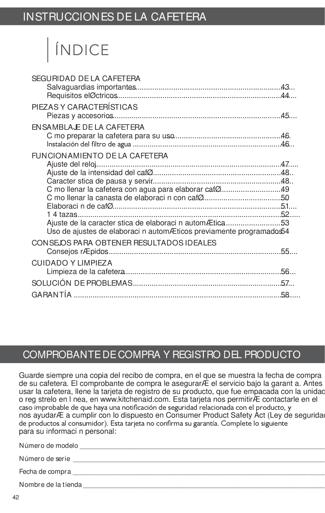 KitchenAid KCM1202 Instrucciones DE LA Cafetera, Salvaguardias importantes Requisitos eléctricos, Piezas y accesorios 