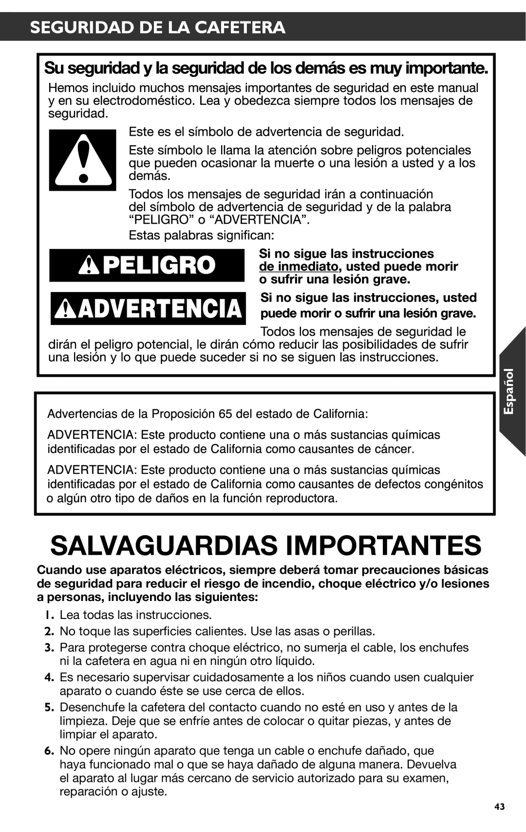 KitchenAid KCM1202 manual Salvaguardias Importantes, Seguridad DE LA Cafetera 