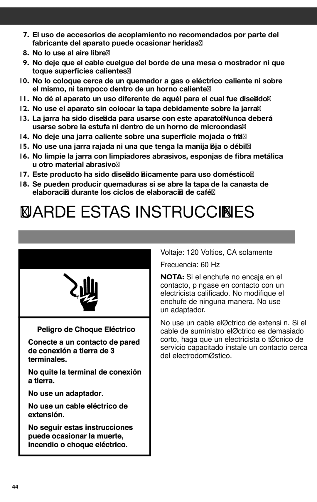 KitchenAid KCM1202 manual Guarde Estas Instrucciones, Requisitos eléctricos 