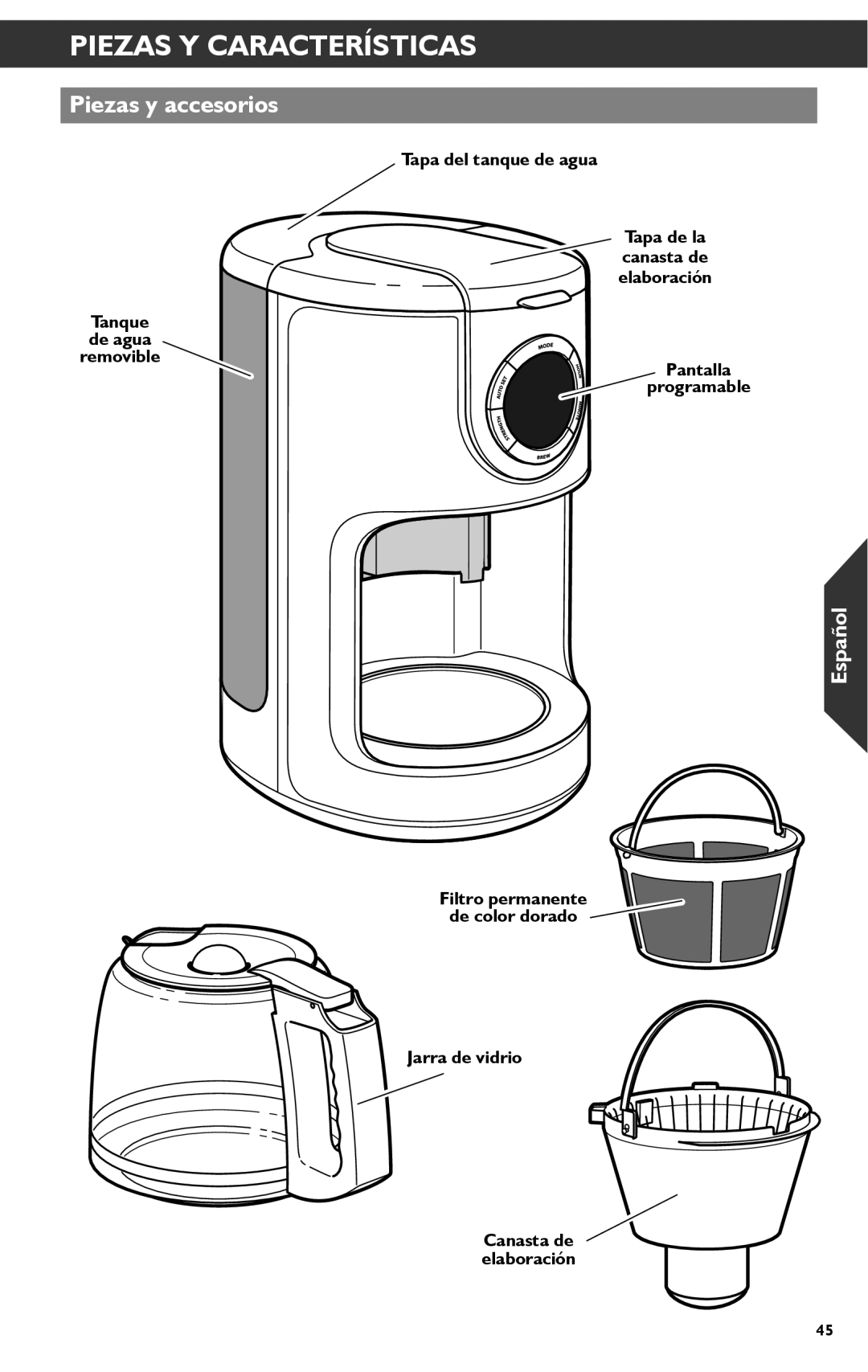 KitchenAid KCM1202 manual Piezas Y Características, Piezas y accesorios 