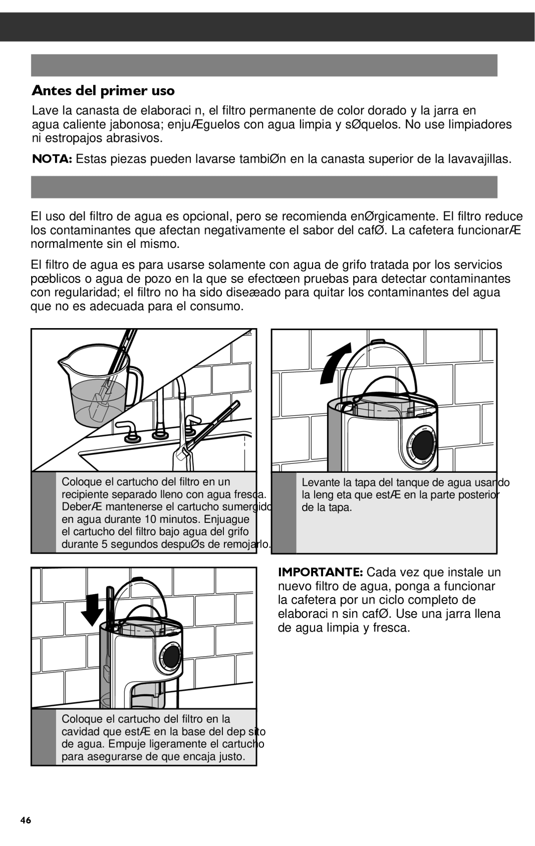 KitchenAid KCM1202 manual Ensamblaje DE LA Cafetera, Cómo preparar la cafetera para su uso, Instalación del filtro de agua 