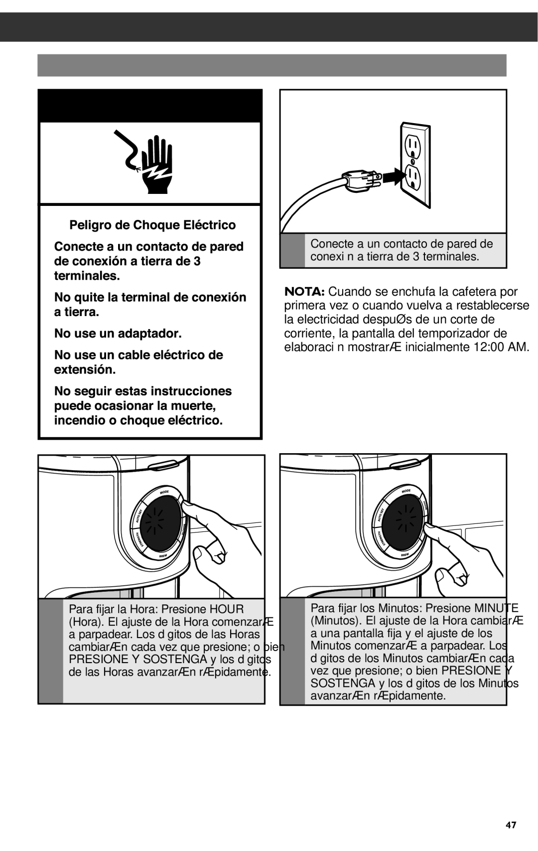 KitchenAid KCM1202 manual Funcionamiento DE LA Cafetera, Ajuste del reloj, Para fijar la Hora Presione Hour 