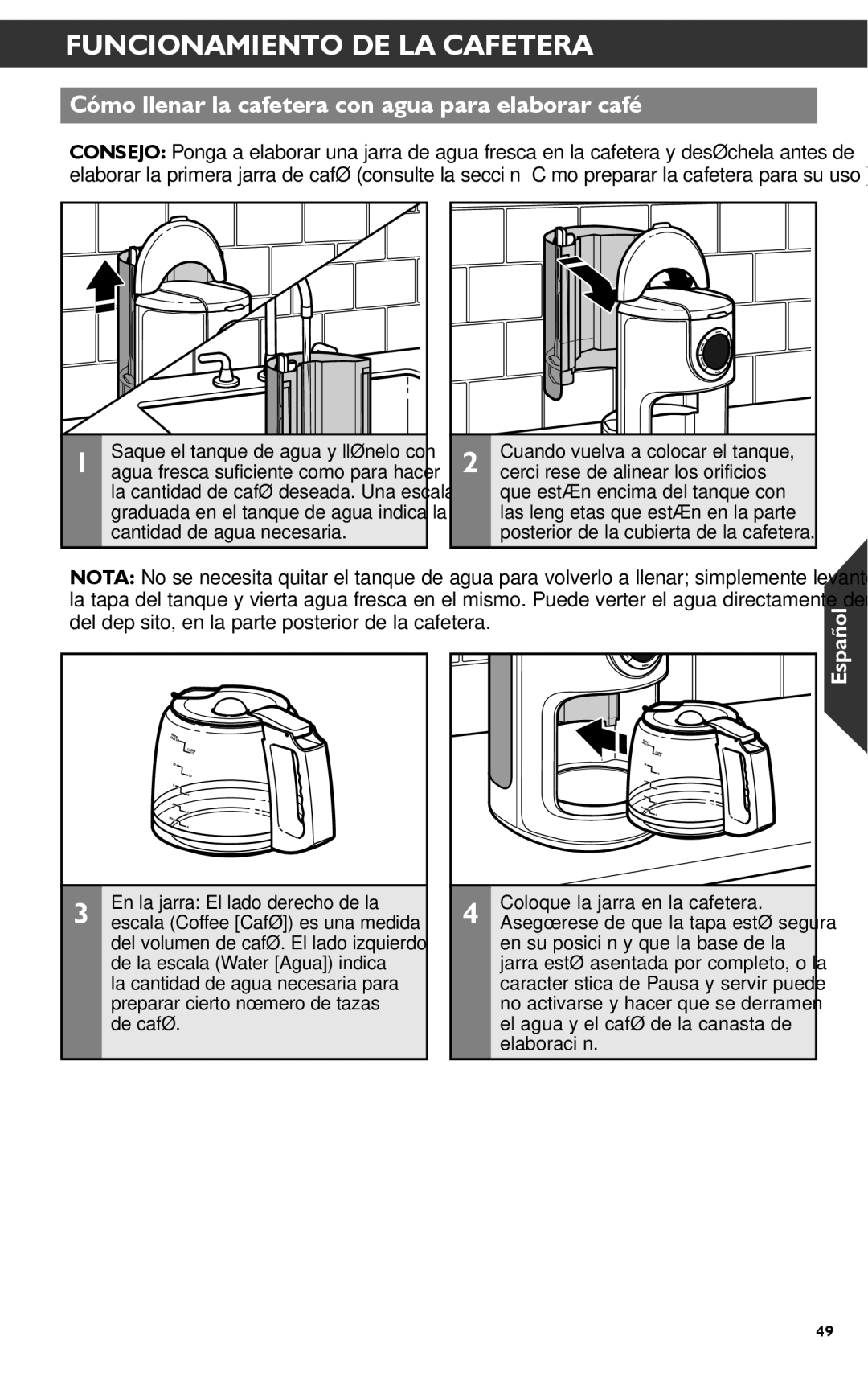 KitchenAid KCM1202 manual Cómo llenar la cafetera con agua para elaborar café 