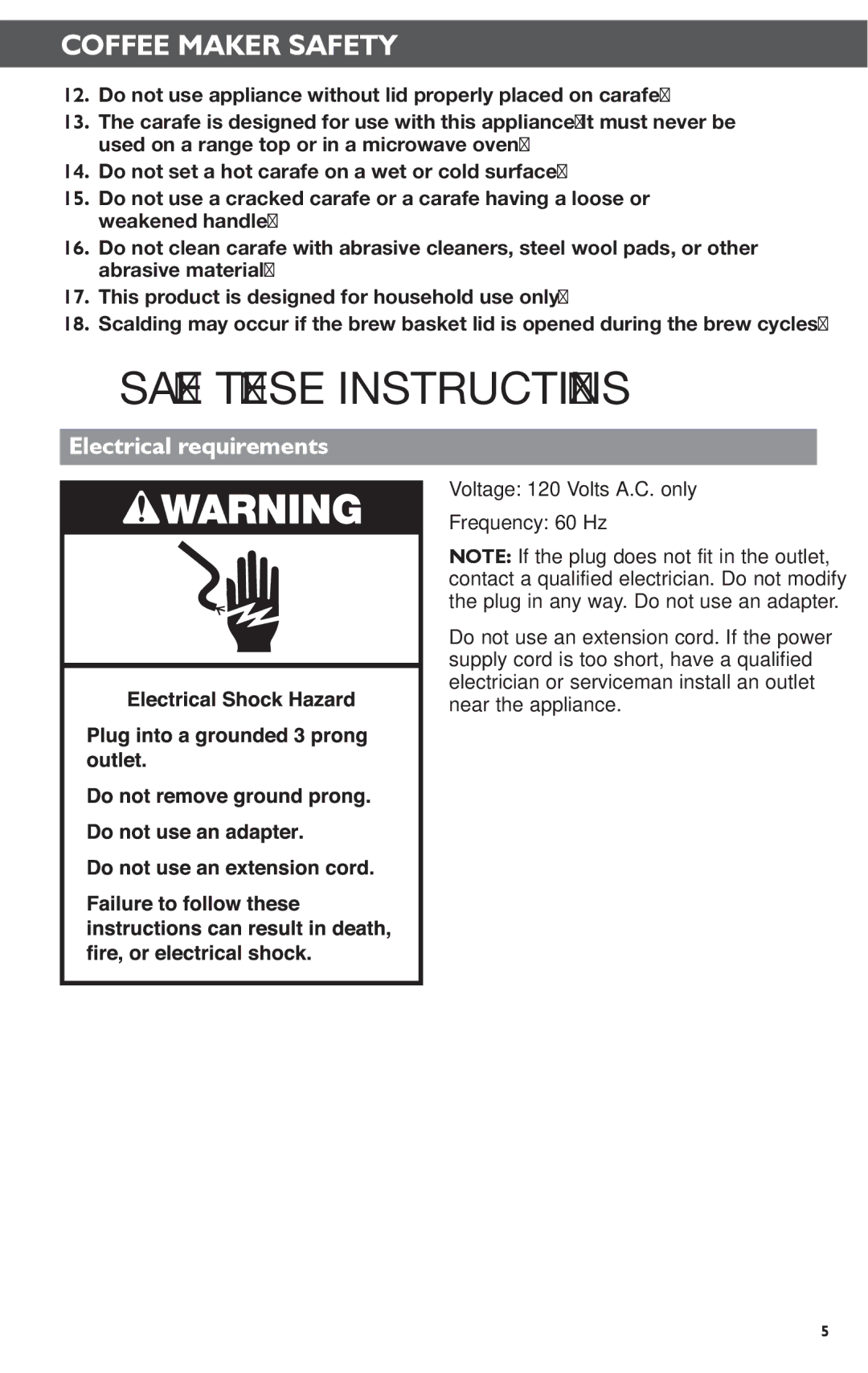 KitchenAid KCM1202 manual Electrical requirements 