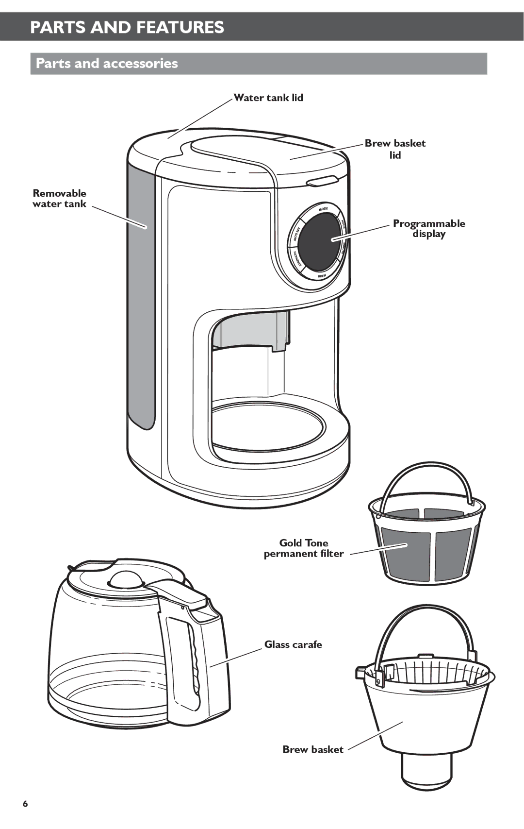 KitchenAid KCM1202 manual Parts and Features, Parts and accessories 