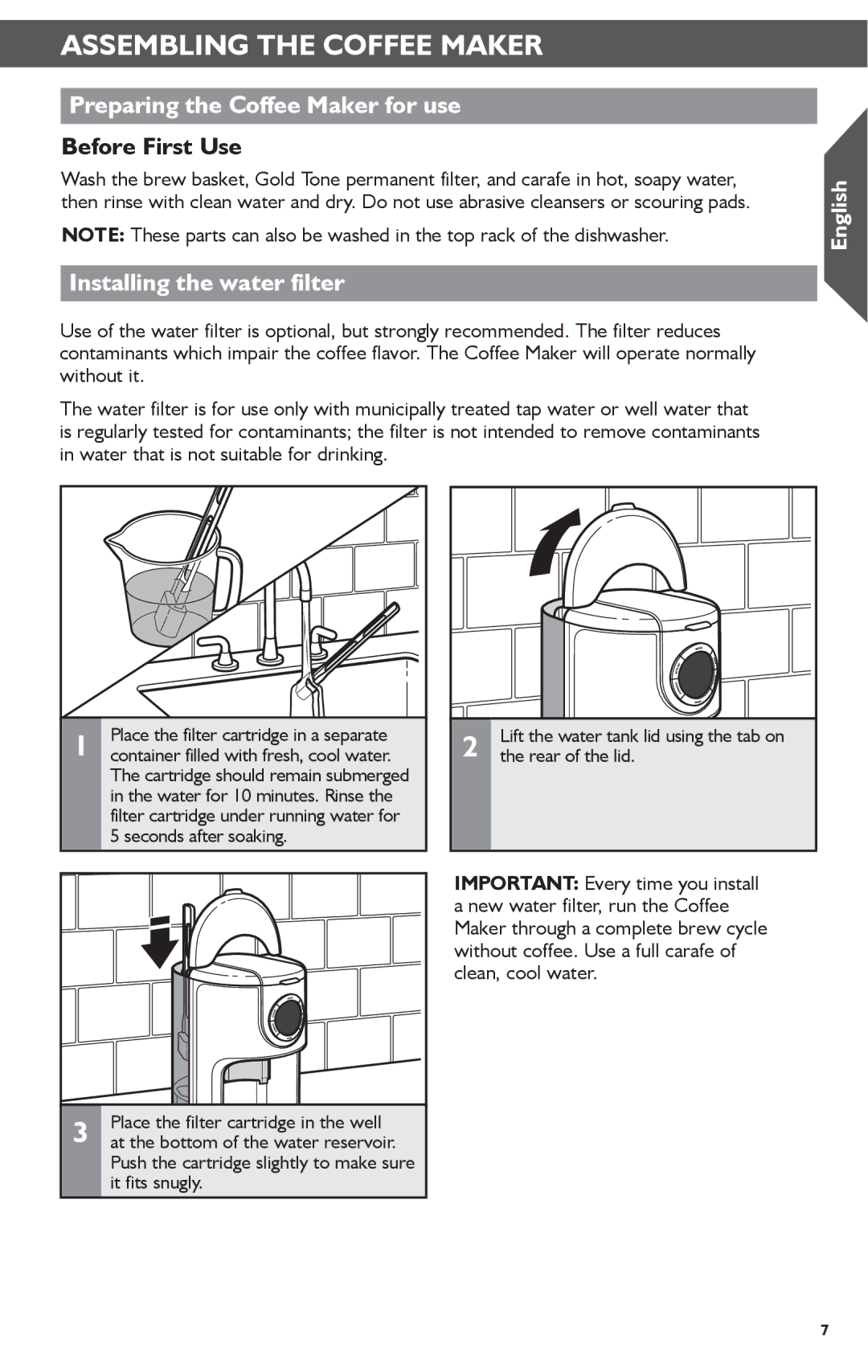 KitchenAid KCM1202 manual Assembling the Coffee Maker, Preparing the Coffee Maker for use, Installing the water filter 