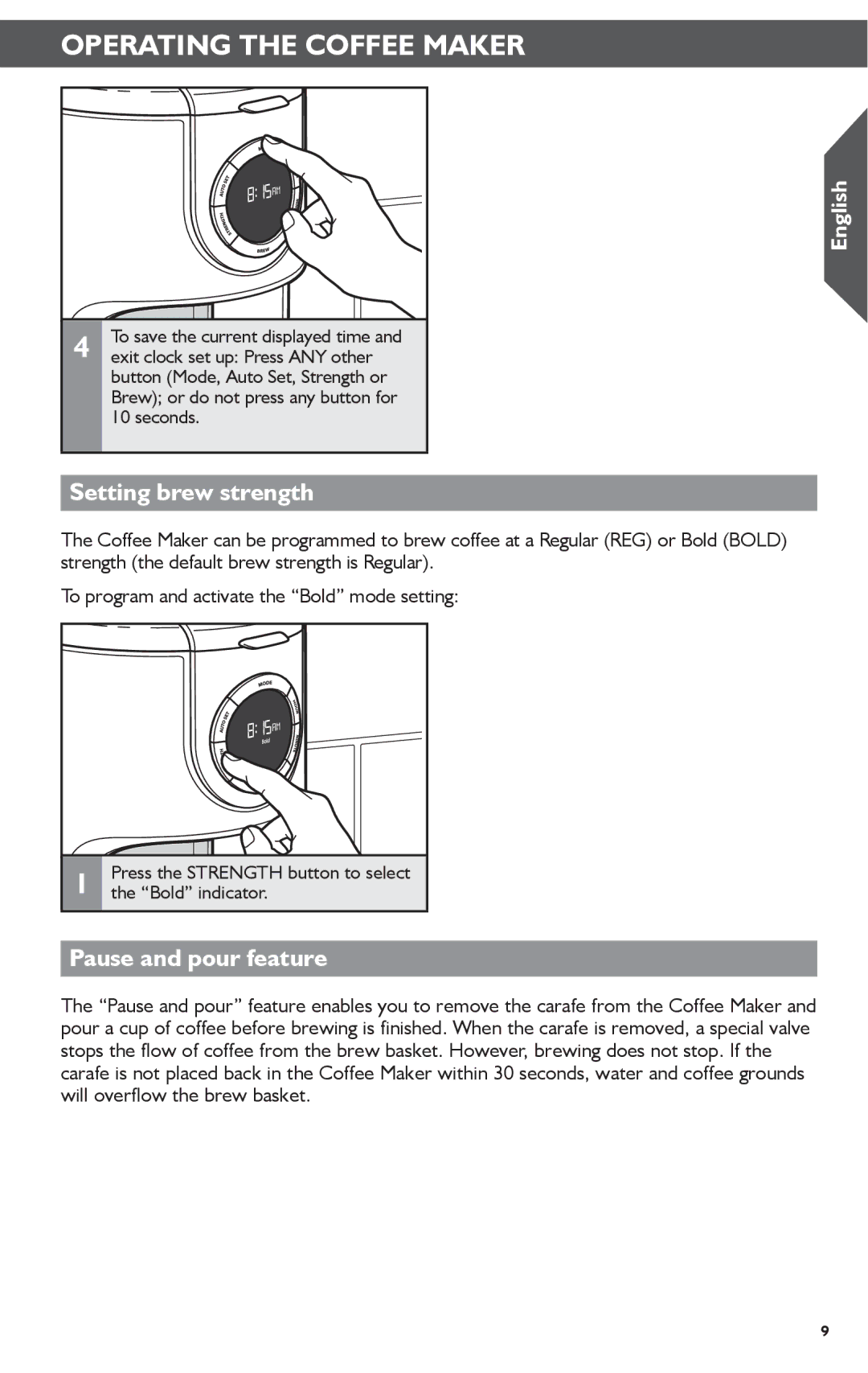 KitchenAid KCM1202 manual Setting brew strength, Pause and pour feature, Exit clock set up Press ANY other, Bold indicator 