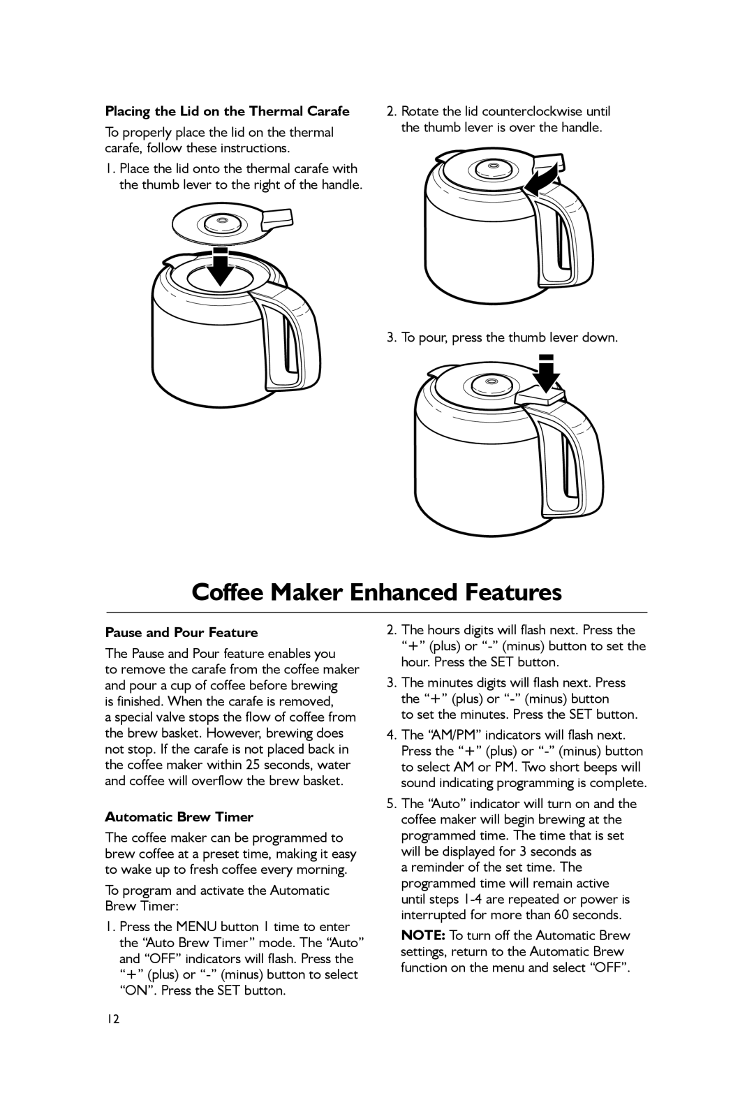 KitchenAid KCM1203, KCM1402 manual Coffee Maker Enhanced Features, Placing the Lid on the Thermal Carafe 