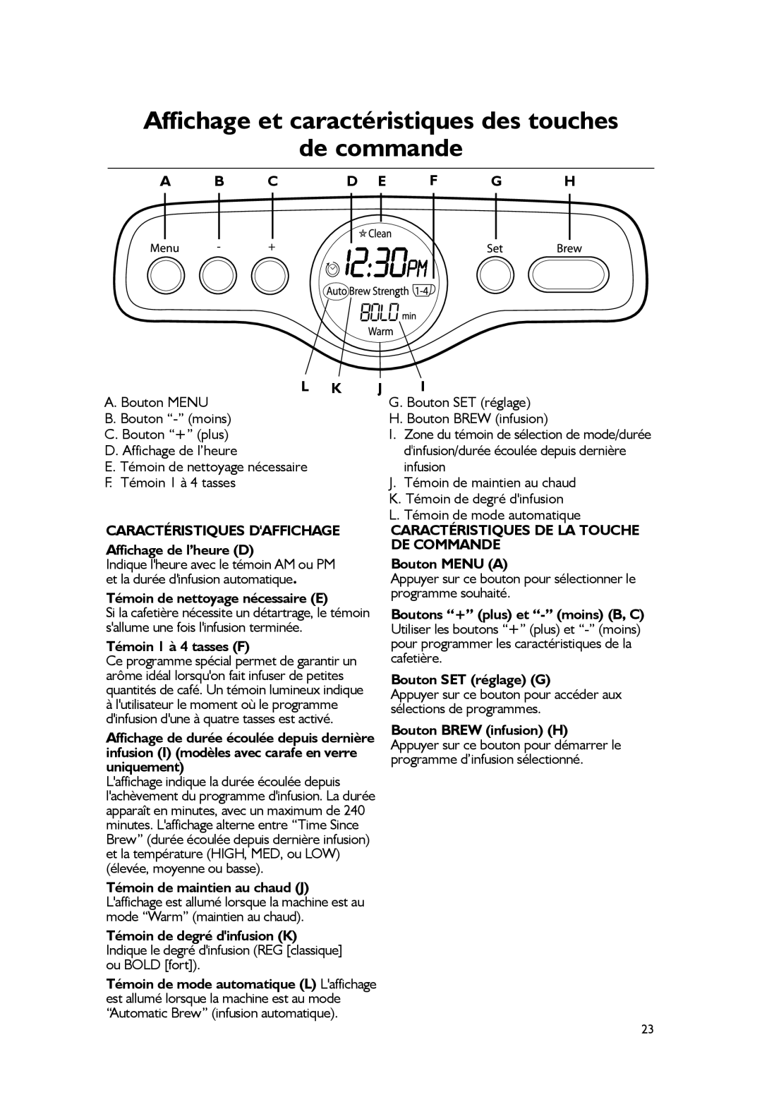 KitchenAid KCM1402 Affichage et caractéristiques des touches De commande, Témoin de nettoyage nécessaire E, Bouton Menu a 