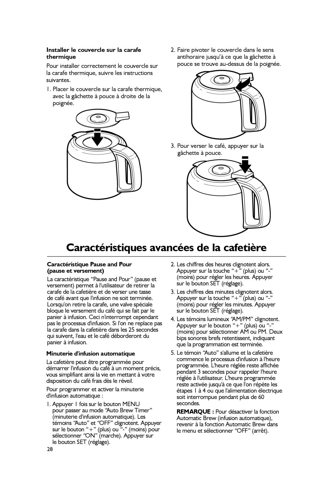 KitchenAid KCM1203, KCM1402 manual Caractéristiques avancées de la cafetière, Installer le couvercle sur la carafe thermique 