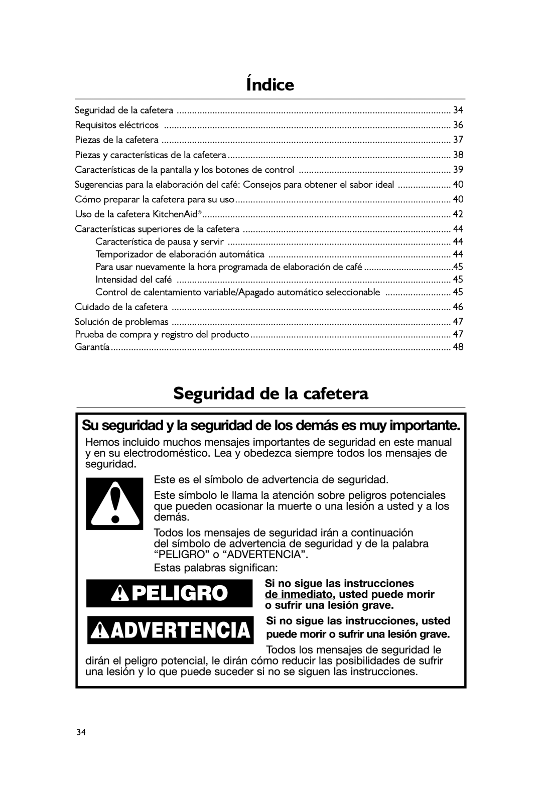 KitchenAid KCM1203, KCM1402 manual Índice, Seguridad de la cafetera, Característica de pausa y servir, Intensidad del café 