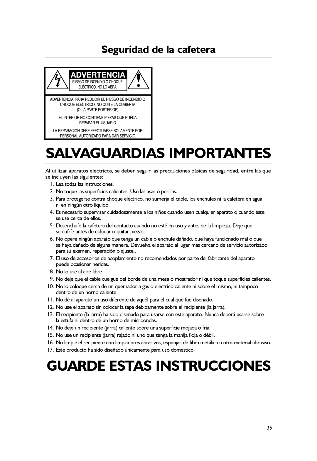 KitchenAid KCM1402, KCM1203 manual Salvaguardias Importantes 