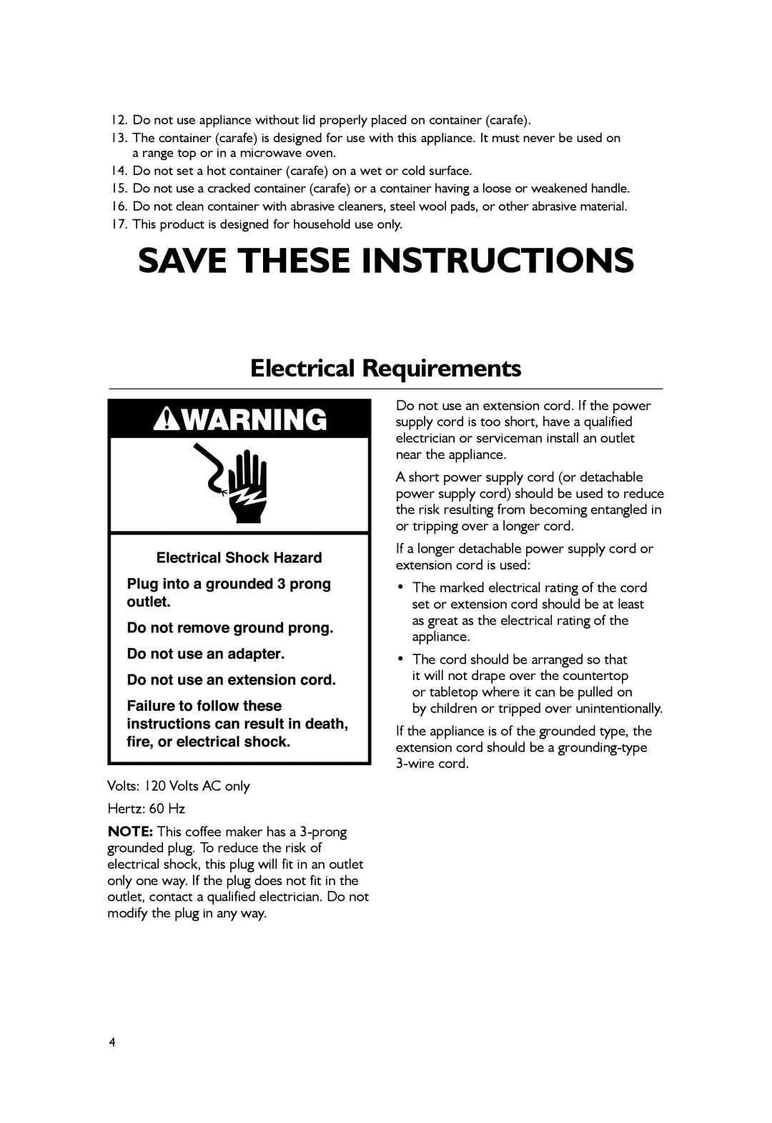 KitchenAid KCM1203, KCM1402 manual Electrical Requirements 