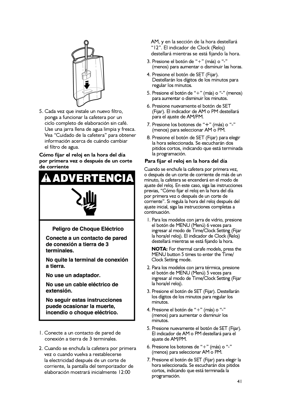 KitchenAid KCM1402, KCM1203 manual El filtro de agua, Para fijar el reloj en la hora del día 