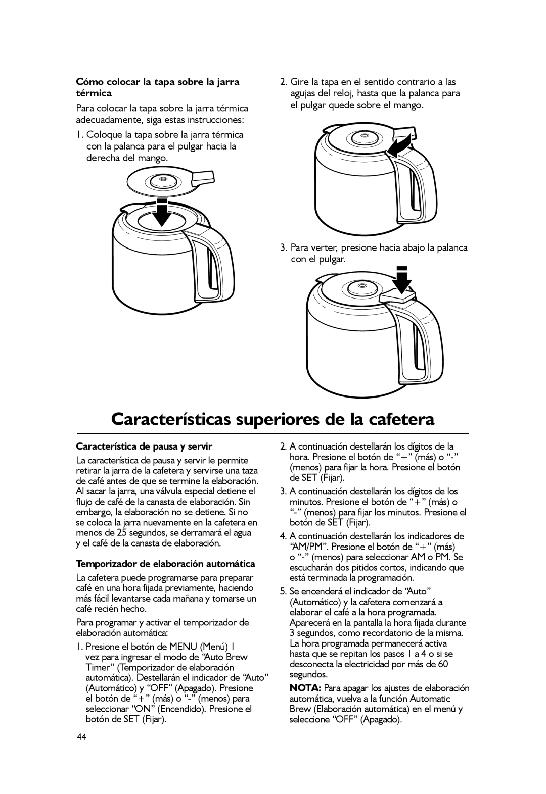 KitchenAid KCM1203, KCM1402 manual Características superiores de la cafetera, Cómo colocar la tapa sobre la jarra térmica 