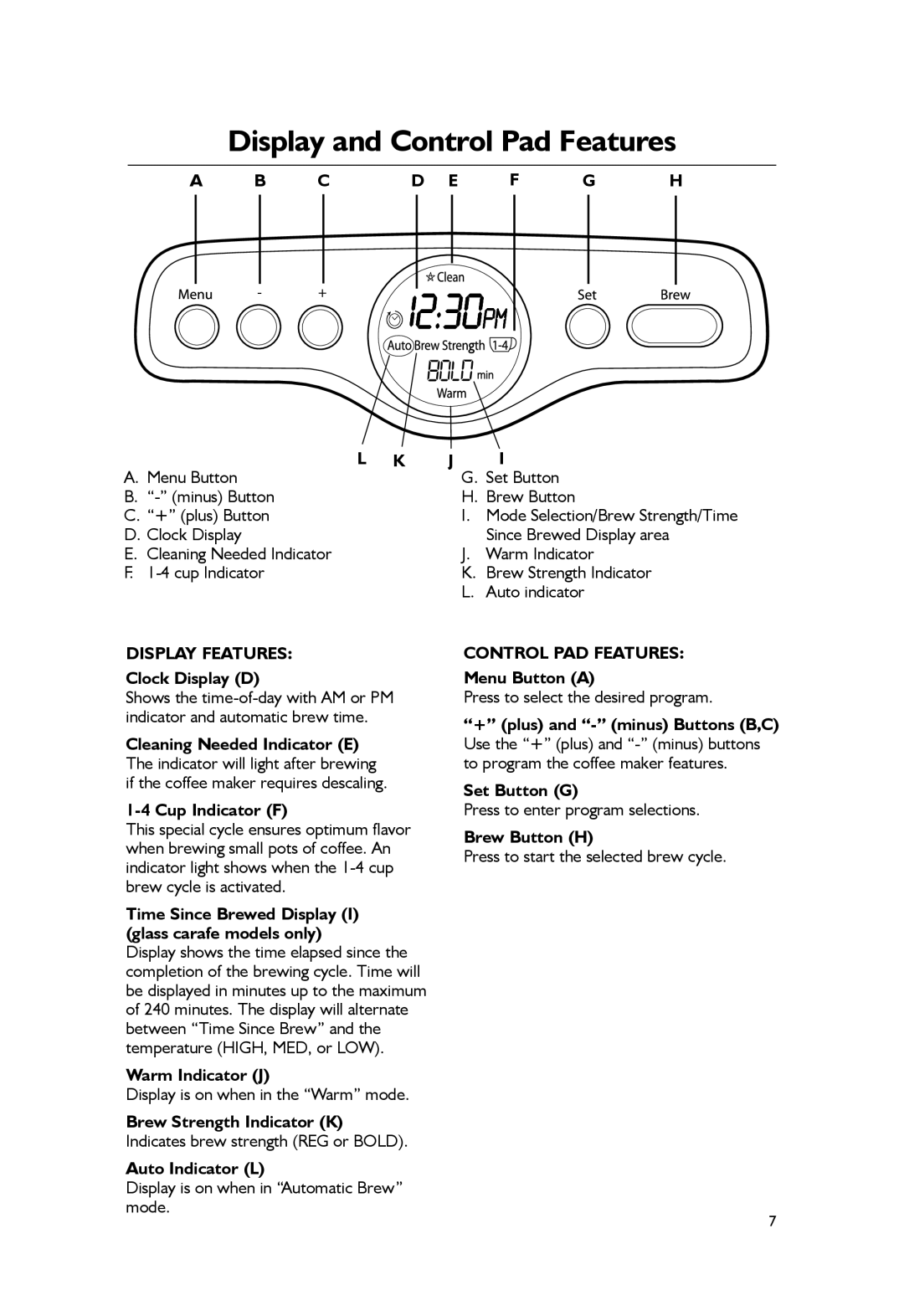 KitchenAid KCM1402, KCM1203 manual Display and Control Pad Features 