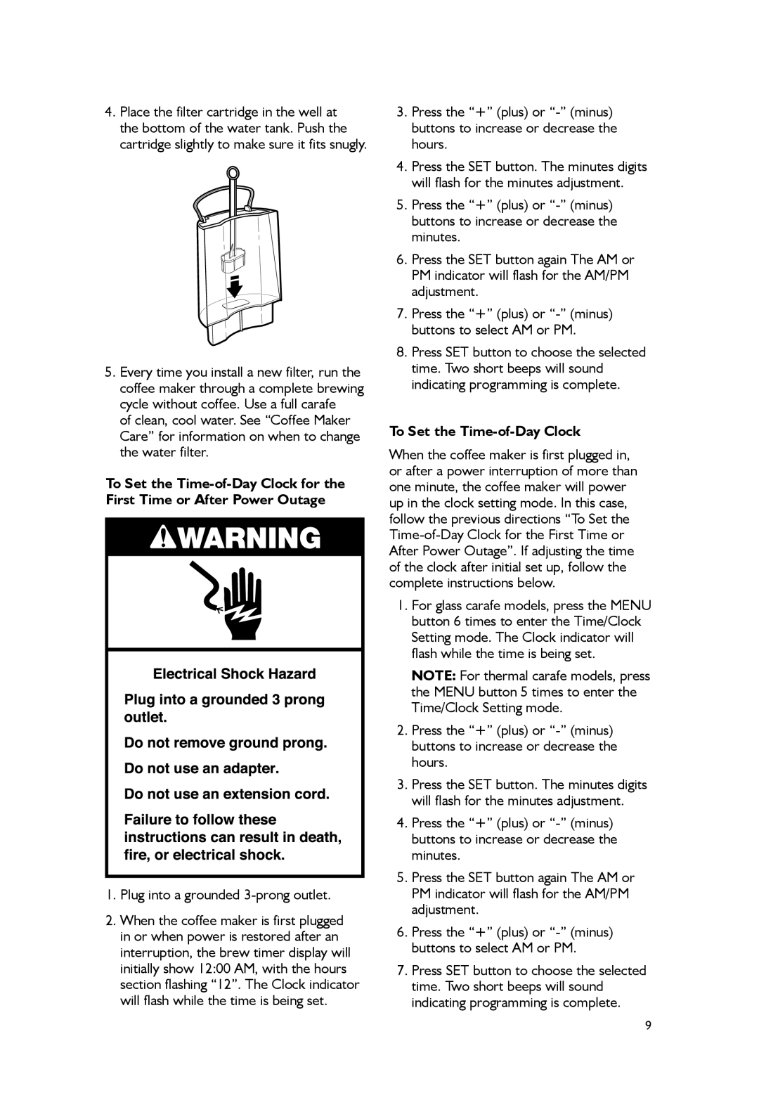 KitchenAid KCM1402, KCM1203 manual Plug into a grounded 3-prong outlet, To Set the Time-of-Day Clock 