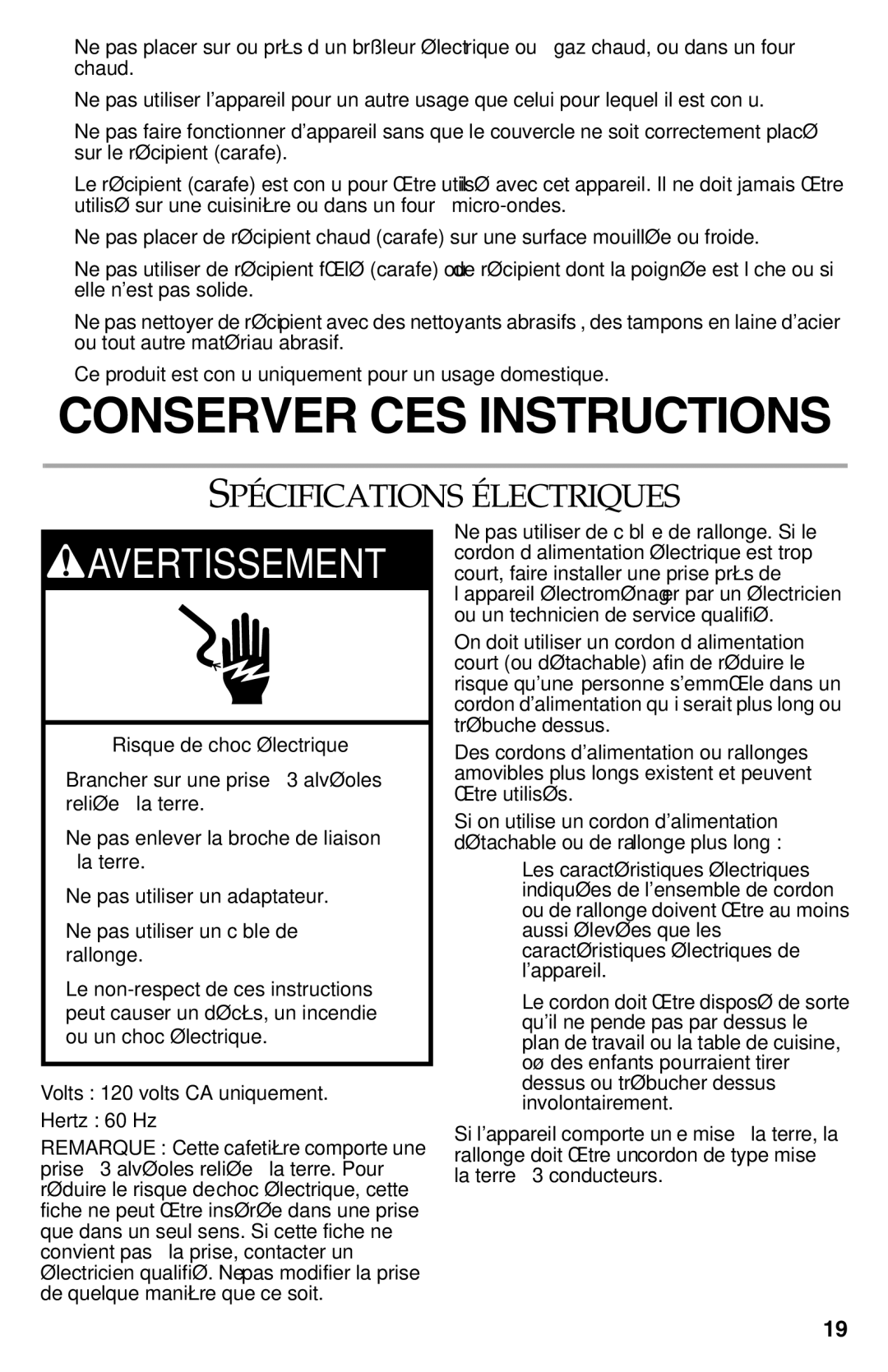 KitchenAid KCM222CU, KCM223 manual Conserver CES Instructions, Spécifications Électriques 