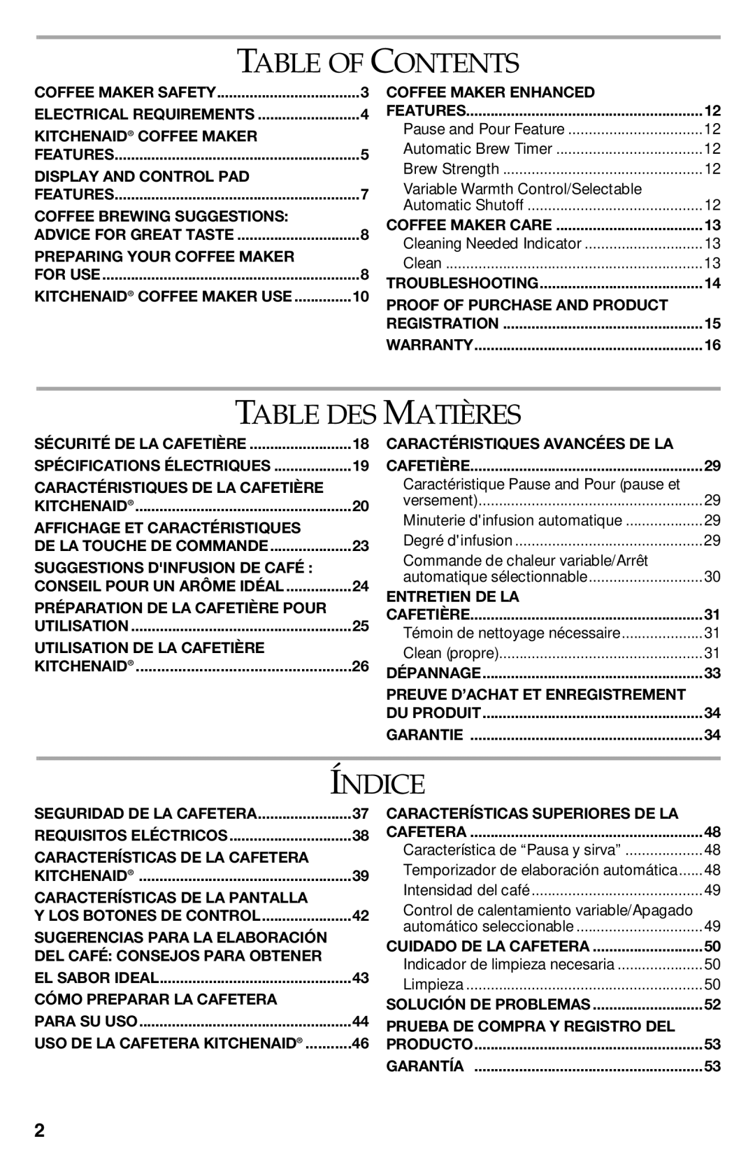 KitchenAid KCM223, KCM222CU manual Table of Contents, Table DES Matières, Índice 