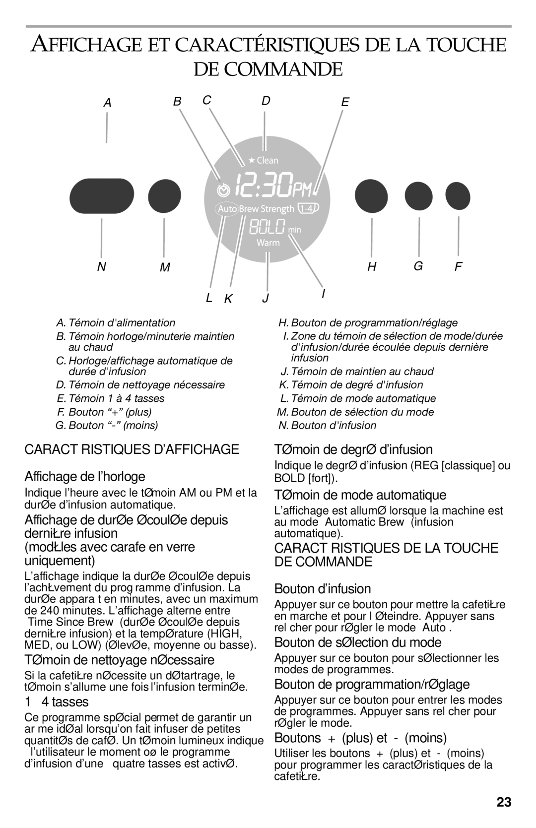 KitchenAid KCM223, KCM222CU manual Affichage ET Caractéristiques DE LA Touche DE Commande 