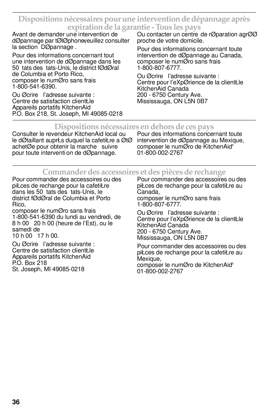 KitchenAid KCM223 Dispositions nécessaires en dehors de ces pays, Commander des accessoires et des pièces de rechange 