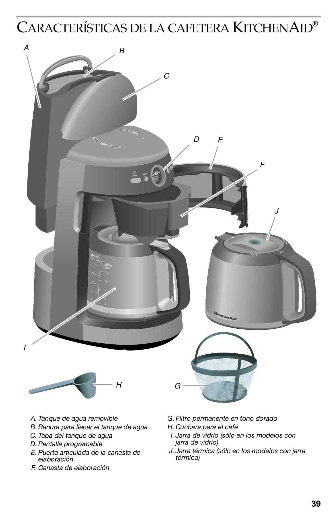 KitchenAid KCM223, KCM222CU manual Características DE LA Cafetera Kitchenaid 