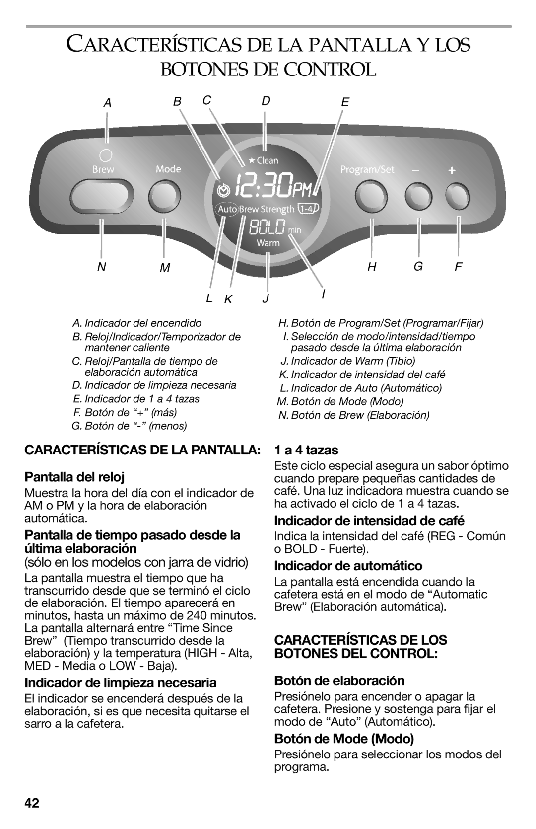 KitchenAid KCM223, KCM222CU manual Características DE LA Pantalla Y LOS Botones DE Control 