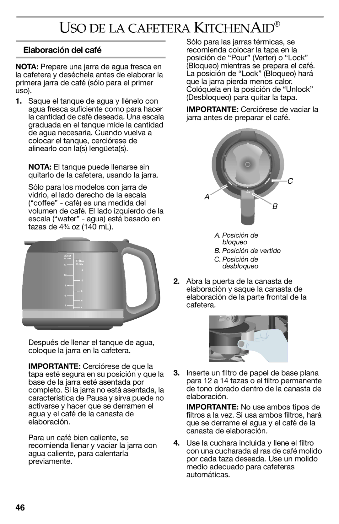 KitchenAid KCM222CU, KCM223 manual USO DE LA Cafetera Kitchenaid, Elaboración del café 