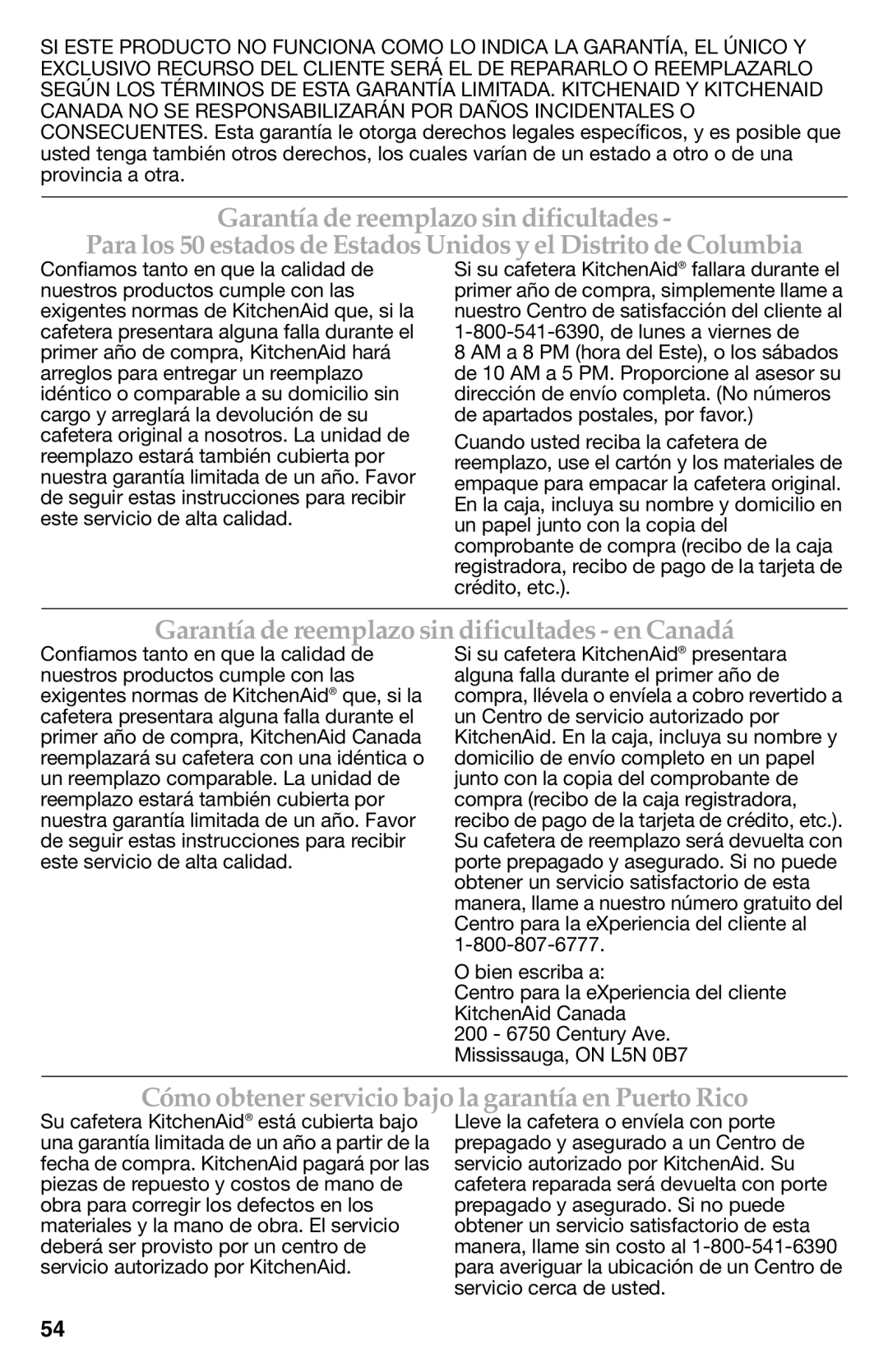 KitchenAid KCM223 Garantía de reemplazo sin dificultades en Canadá, Cómo obtener servicio bajo la garantía en Puerto Rico 
