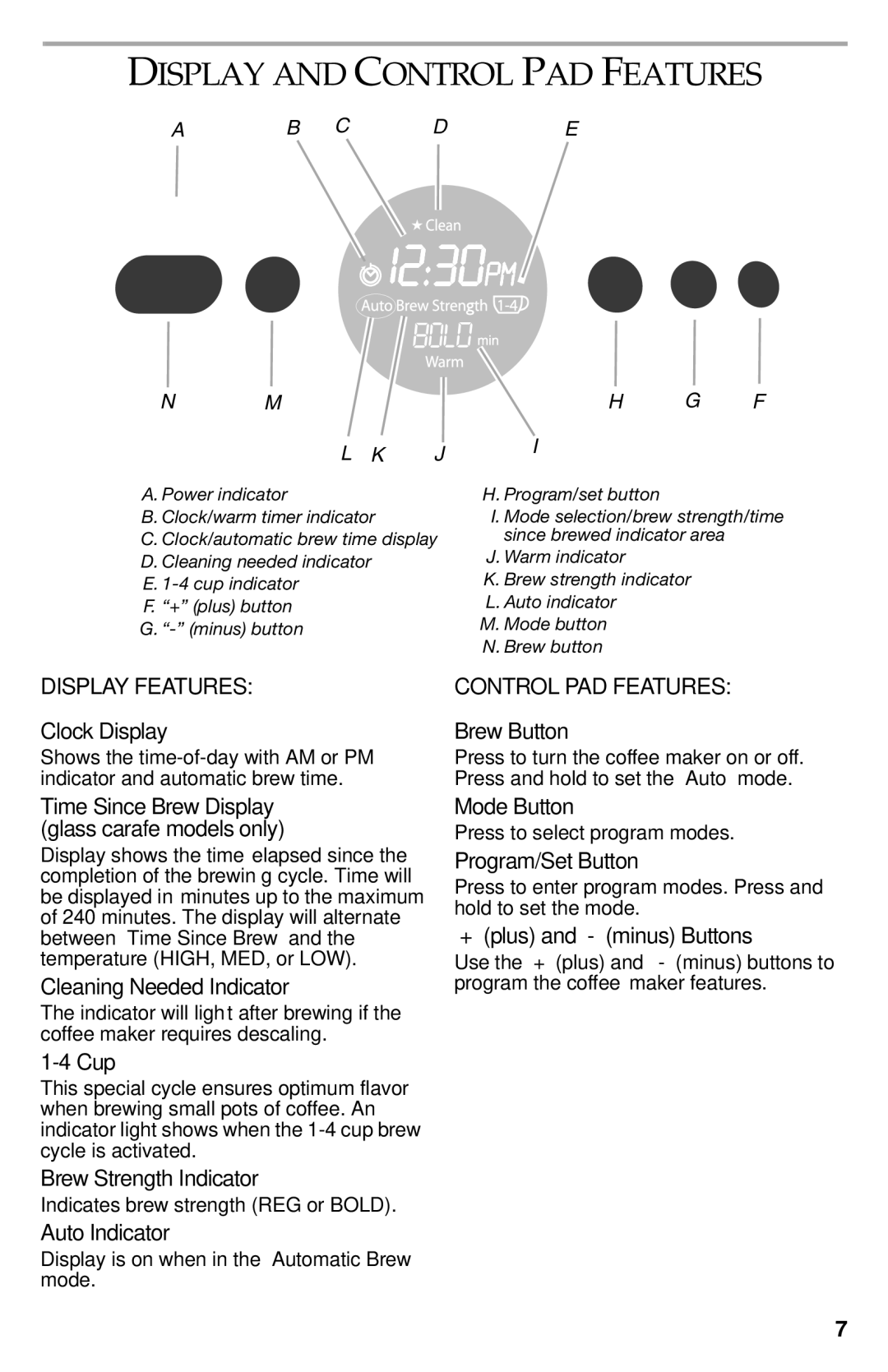 KitchenAid KCM222CU, KCM223 manual Display and Control PAD Features 