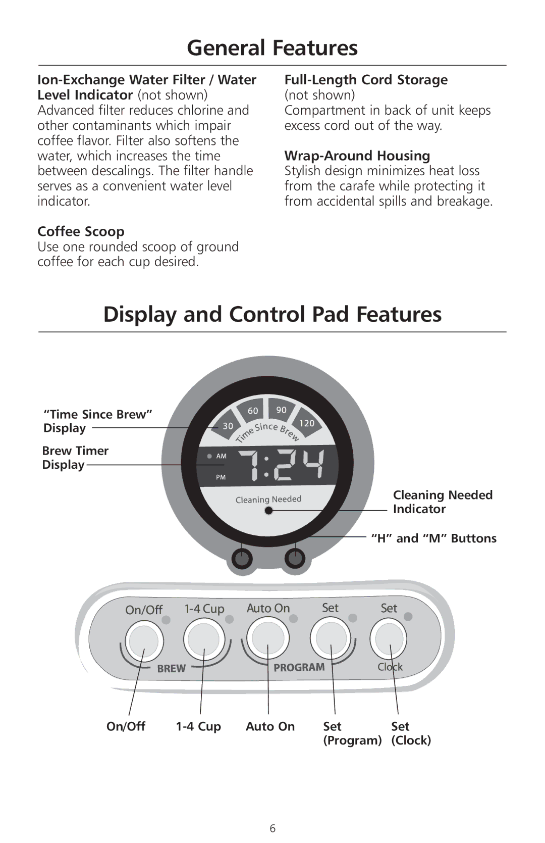 KitchenAid KCM514, KCM511, KCM515 Display and Control Pad Features, Full-Length Cord Storage not shown, Wrap-Around Housing 