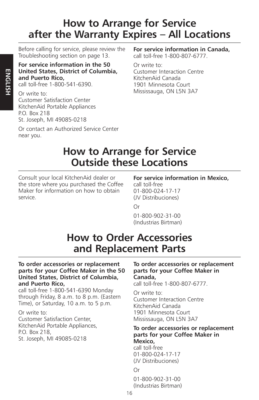 KitchenAid KCM525 manual How to Arrange for Service Outside these Locations, How to Order Accessories Replacement Parts 