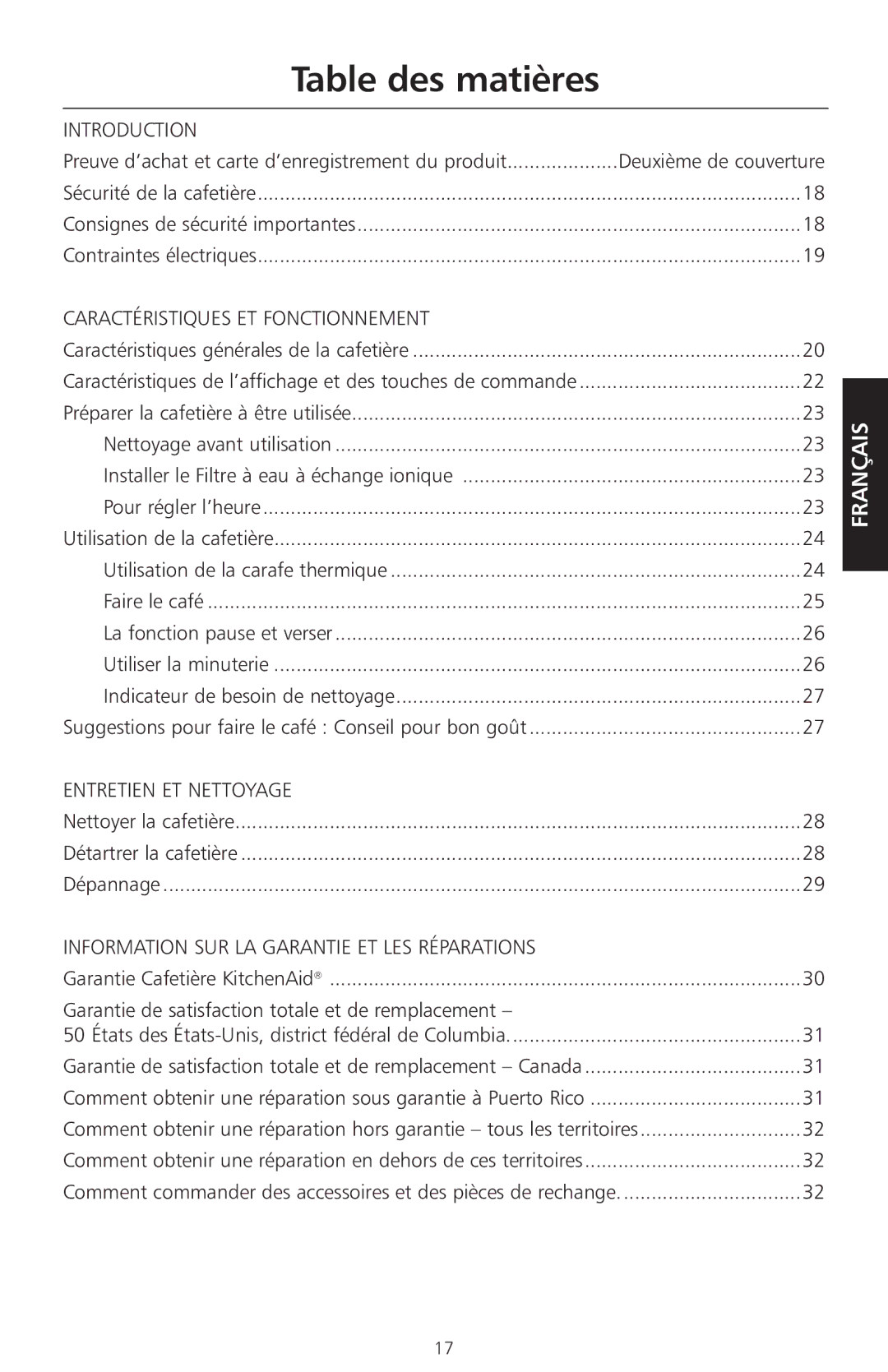 KitchenAid KCM525 manual Table des matières, Nettoyer la cafetière Détartrer la cafetière Dépannage 