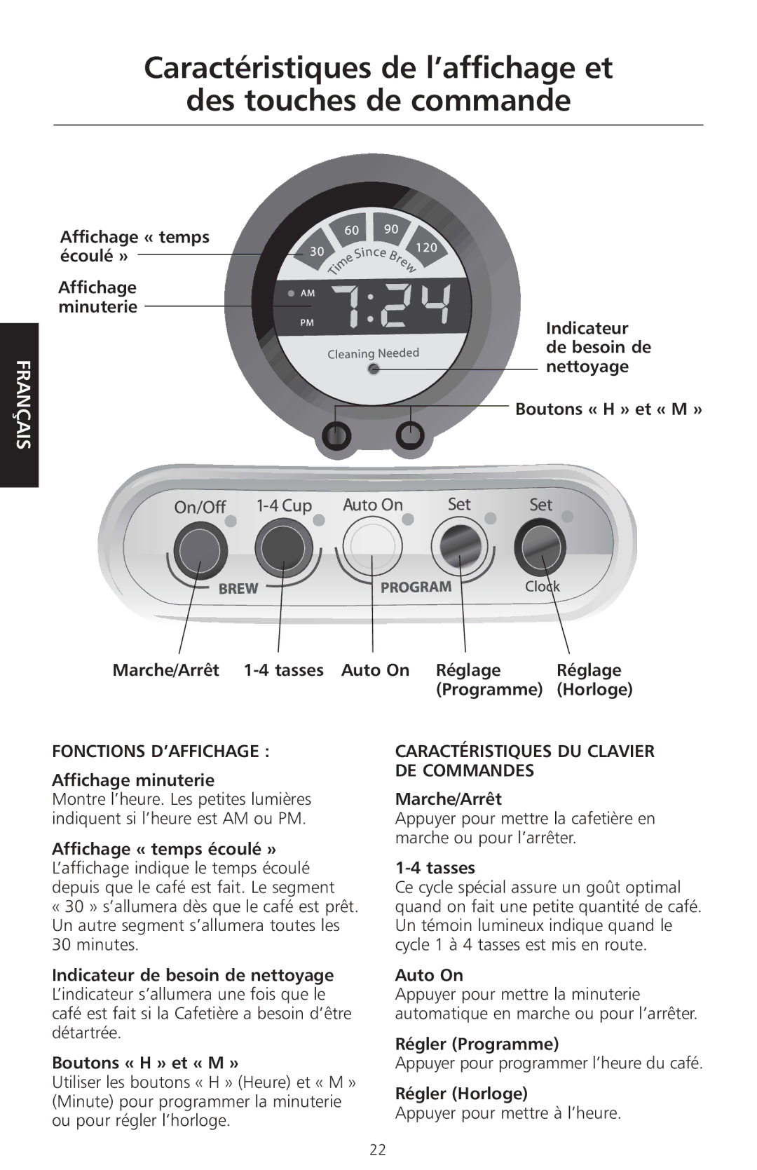 KitchenAid KCM525 Caractéristiques de l’affichage et Des touches de commande, Caractéristiques DU Clavier DE Commandes 