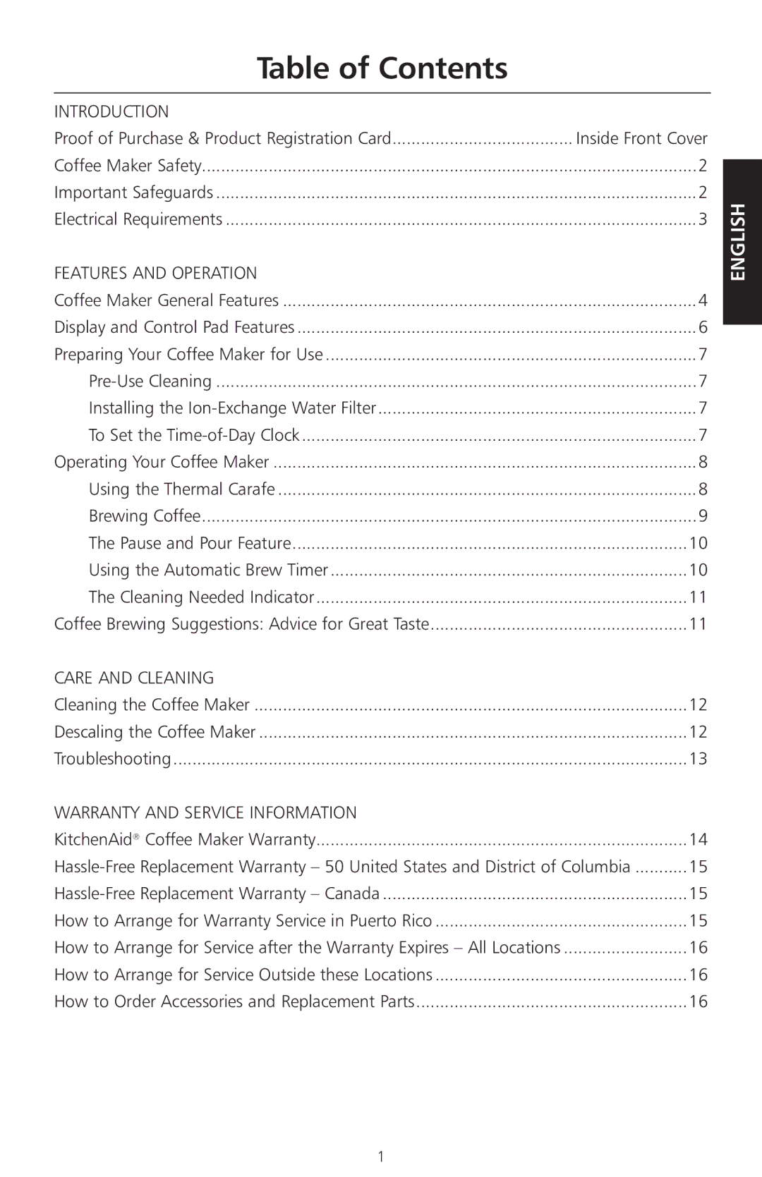 KitchenAid KCM525 manual Table of Contents 