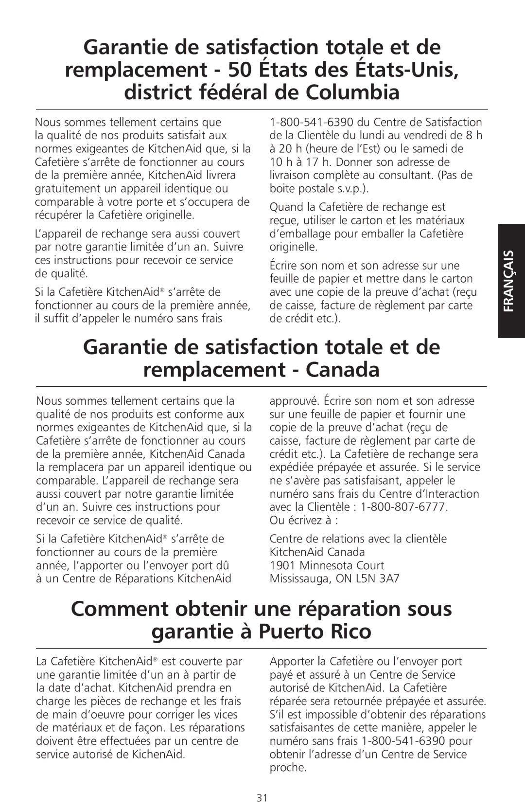 KitchenAid KCM525 manual Garantie de satisfaction totale et de Remplacement Canada 