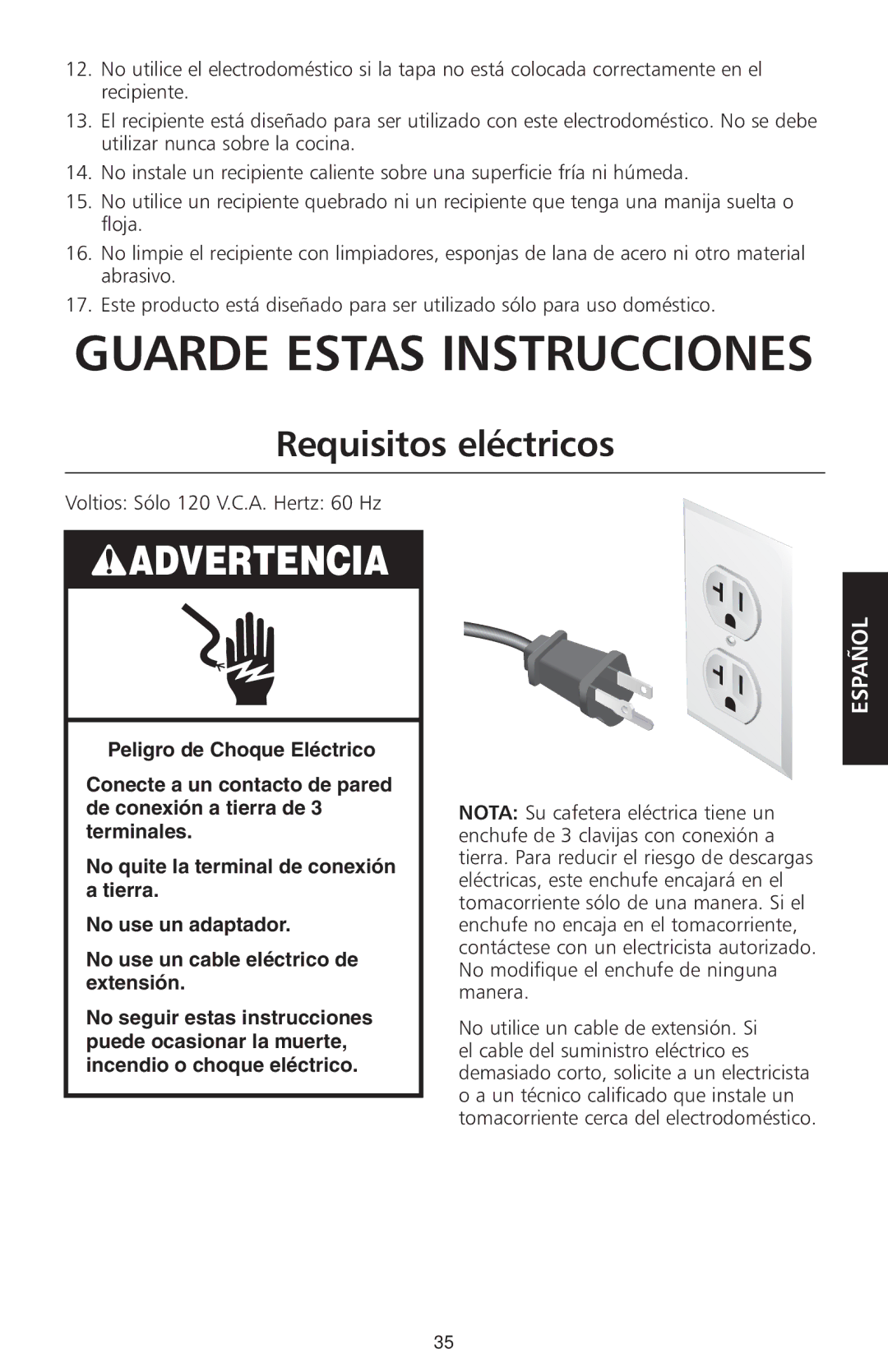 KitchenAid KCM525 manual Requisitos eléctricos, Voltios Sólo 120 V.C.A. Hertz 60 Hz 