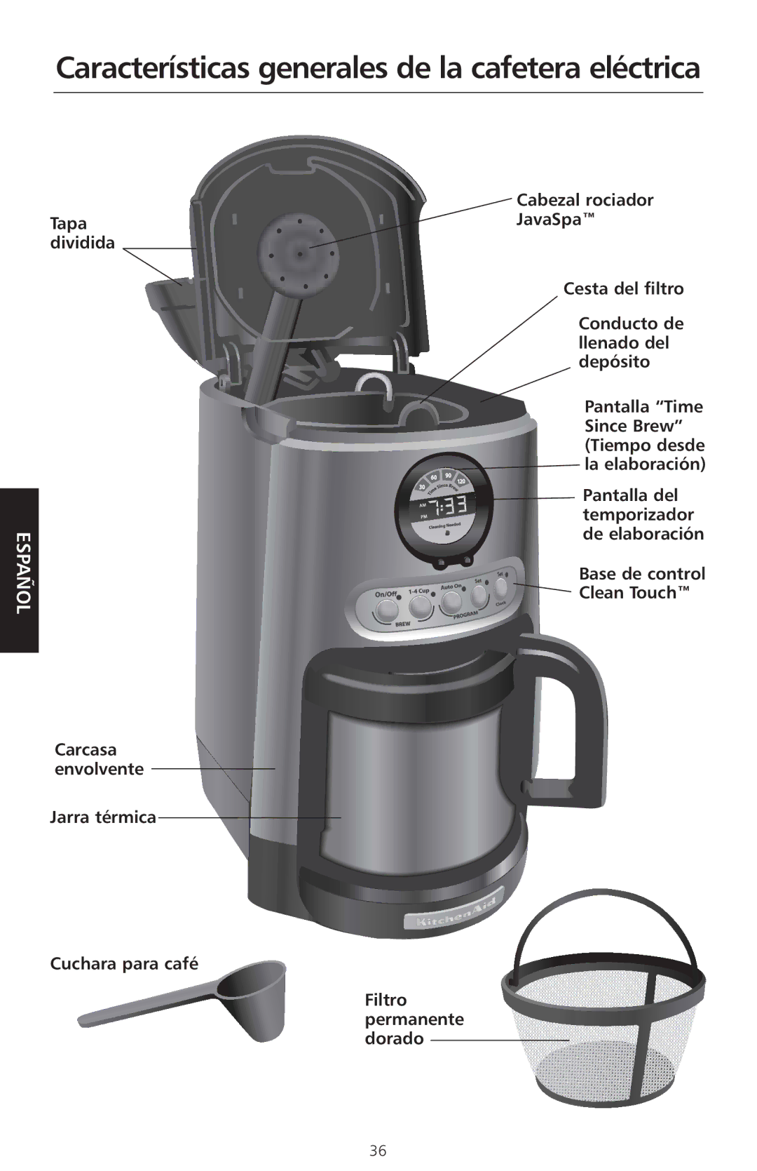 KitchenAid KCM525 manual Características generales de la cafetera eléctrica, Tapa dividida 