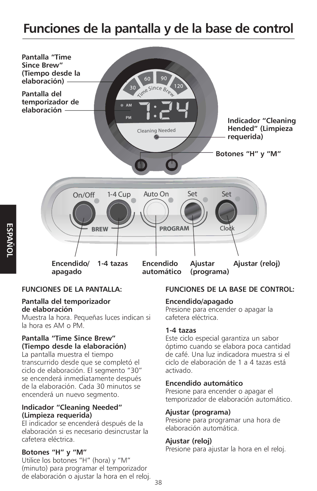 KitchenAid KCM525 manual Funciones de la pantalla y de la base de control, Funciones DE LA Pantalla 