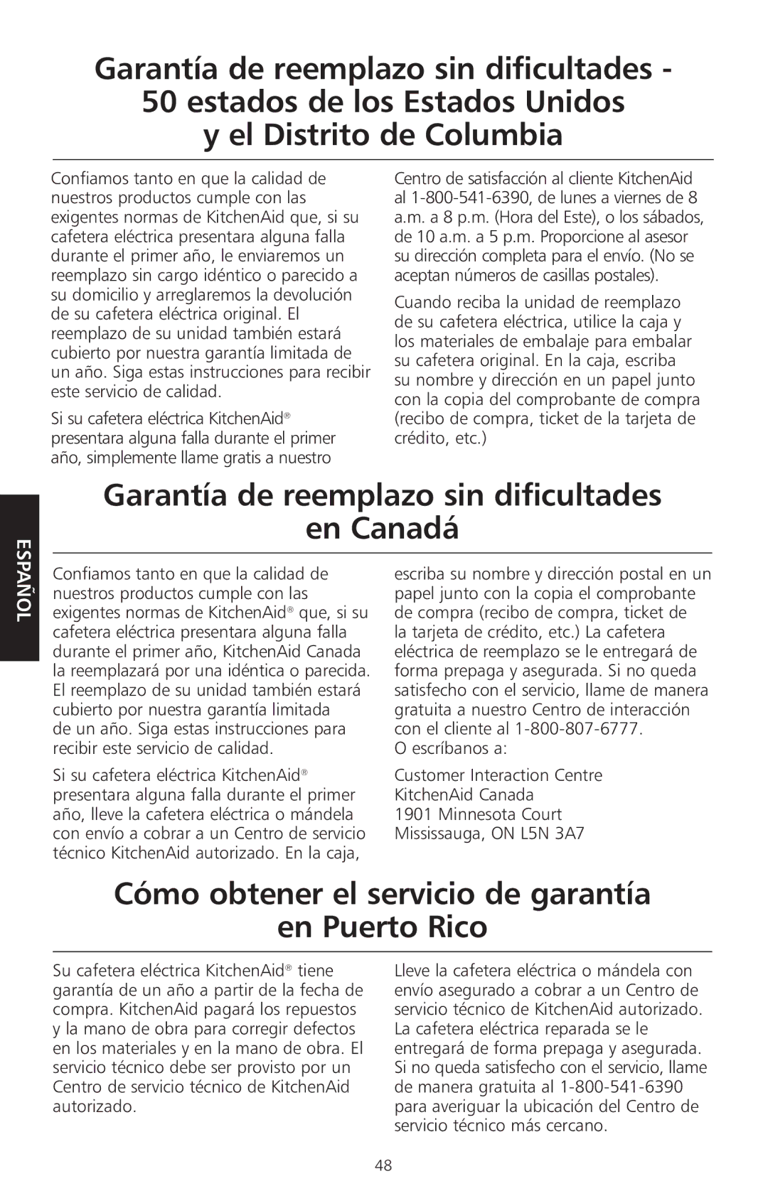 KitchenAid KCM525 Garantía de reemplazo sin dificultades En Canadá, Cómo obtener el servicio de garantía En Puerto Rico 