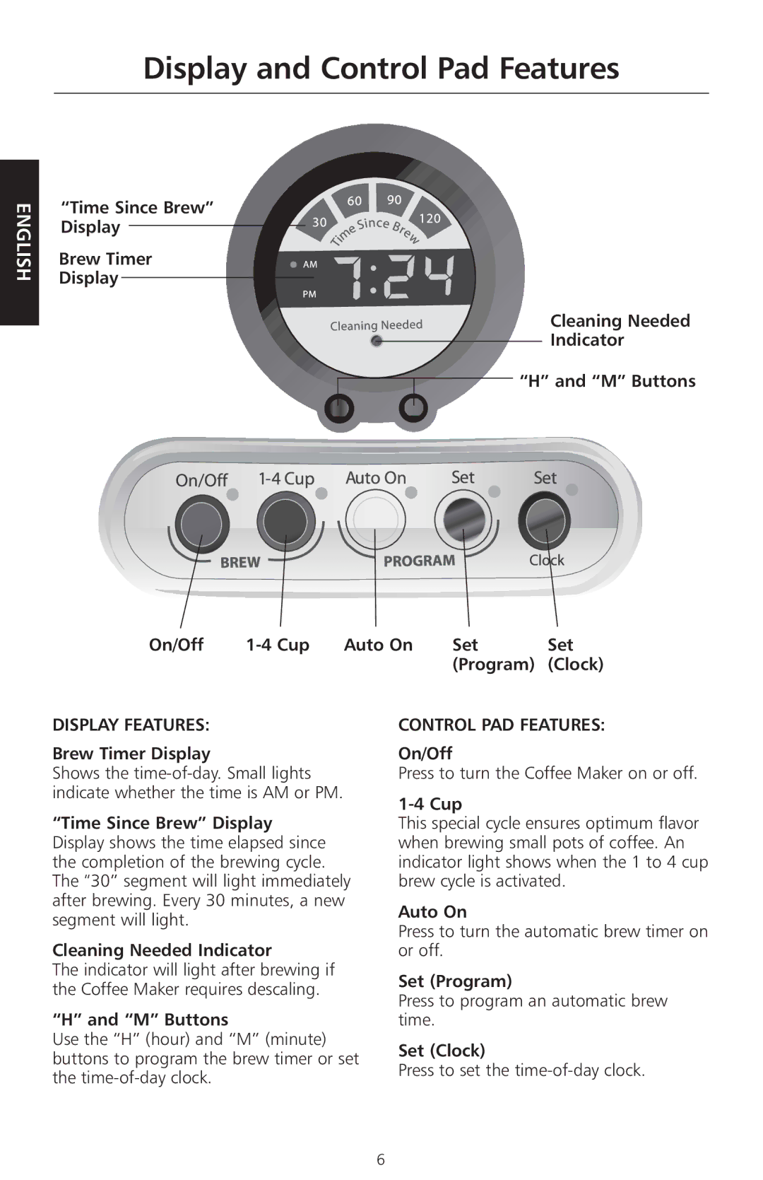 KitchenAid KCM525 manual Display and Control Pad Features, Display Features, Control PAD Features, Set Program, Set Clock 