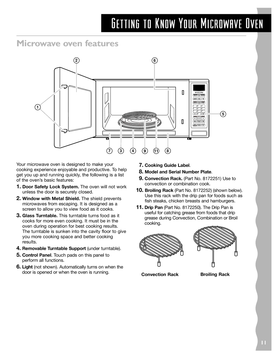 KitchenAid KCMC155JWH Microwave oven features, Removable Turntable Support under turntable, Convection Rack Broiling Rack 