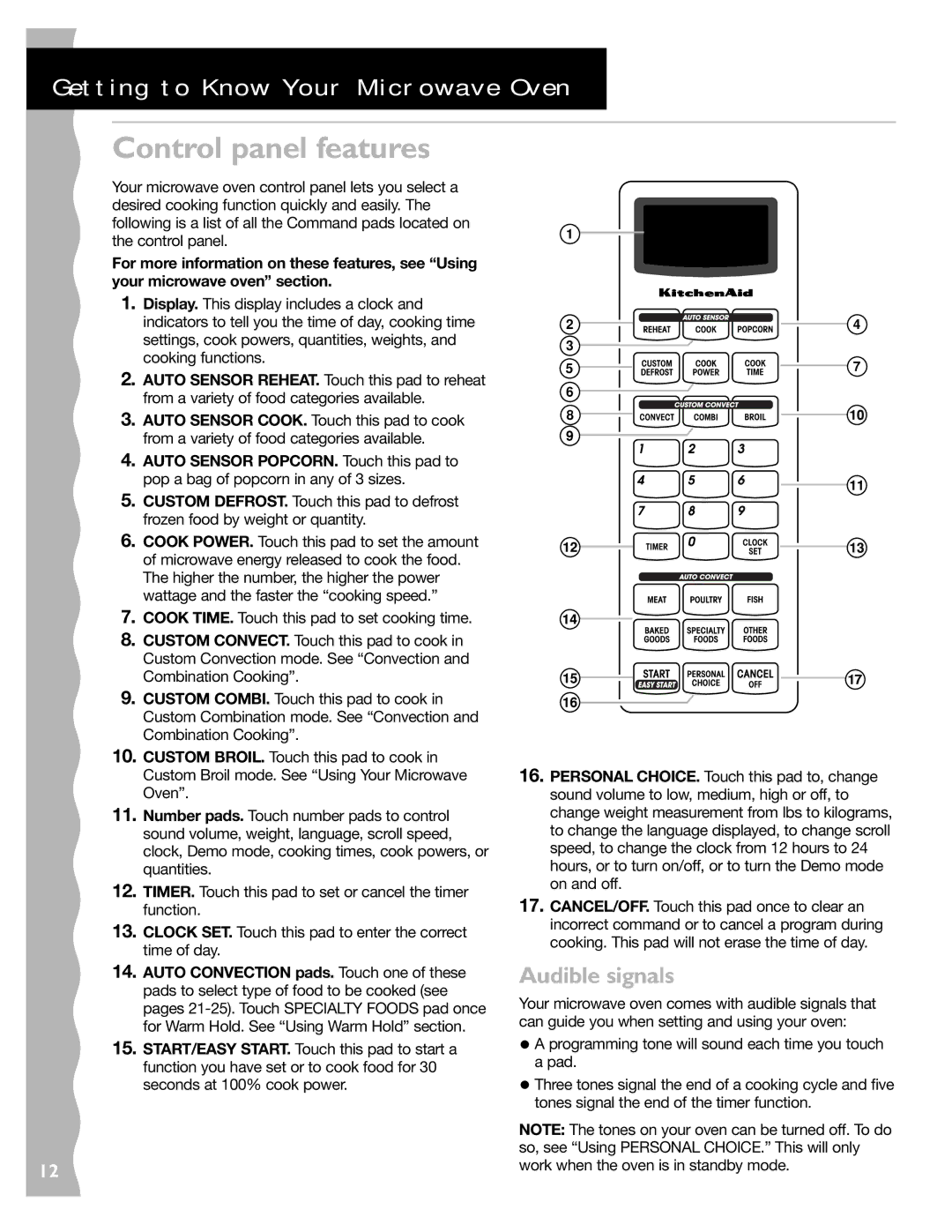 KitchenAid KCMC155JSS, KCMC155JBT, KCMC155JWH installation instructions Control panel features, Audible signals 