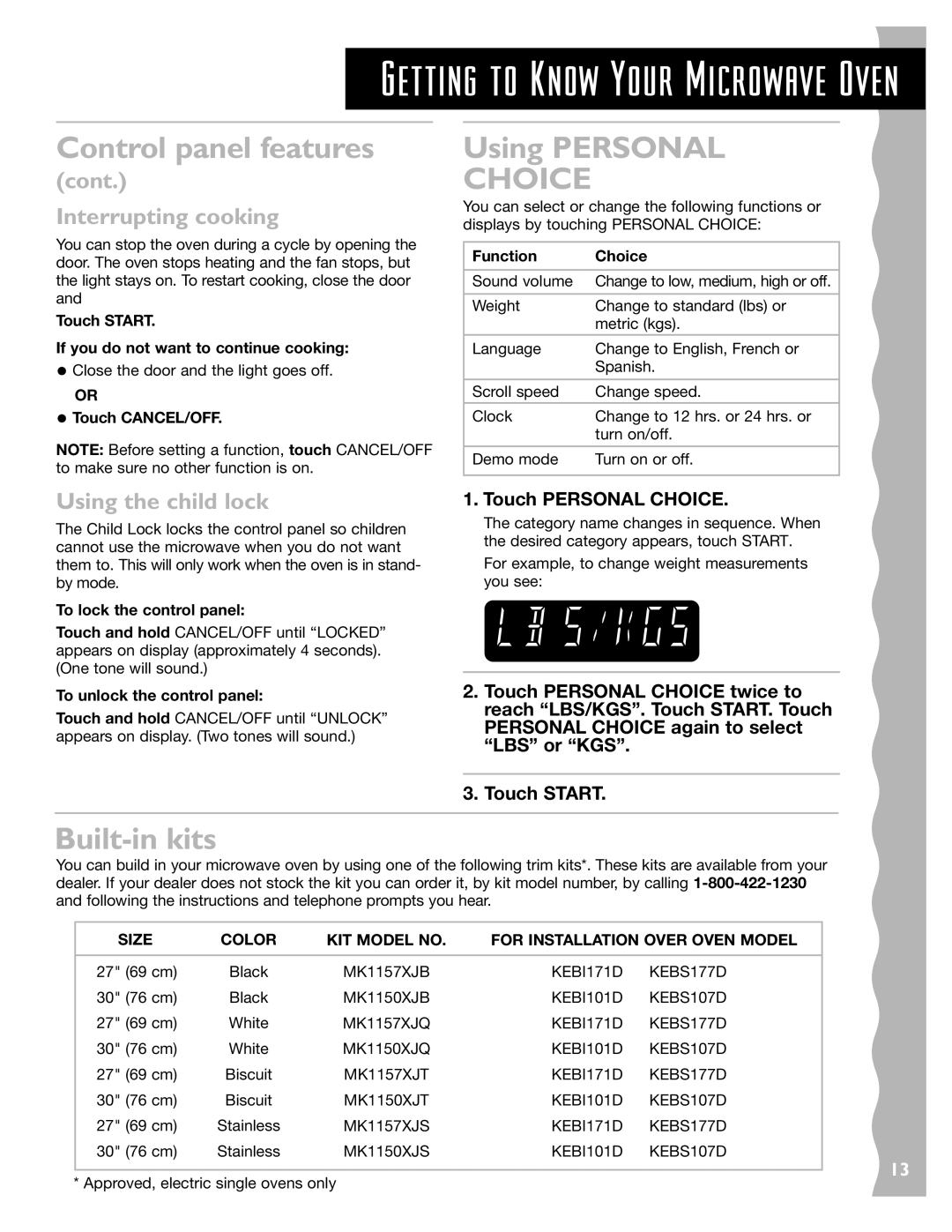 KitchenAid KCMC155JSS, KCMC155JBT Using Personal, Built-in kits, Cont Interrupting cooking, Using the child lock 