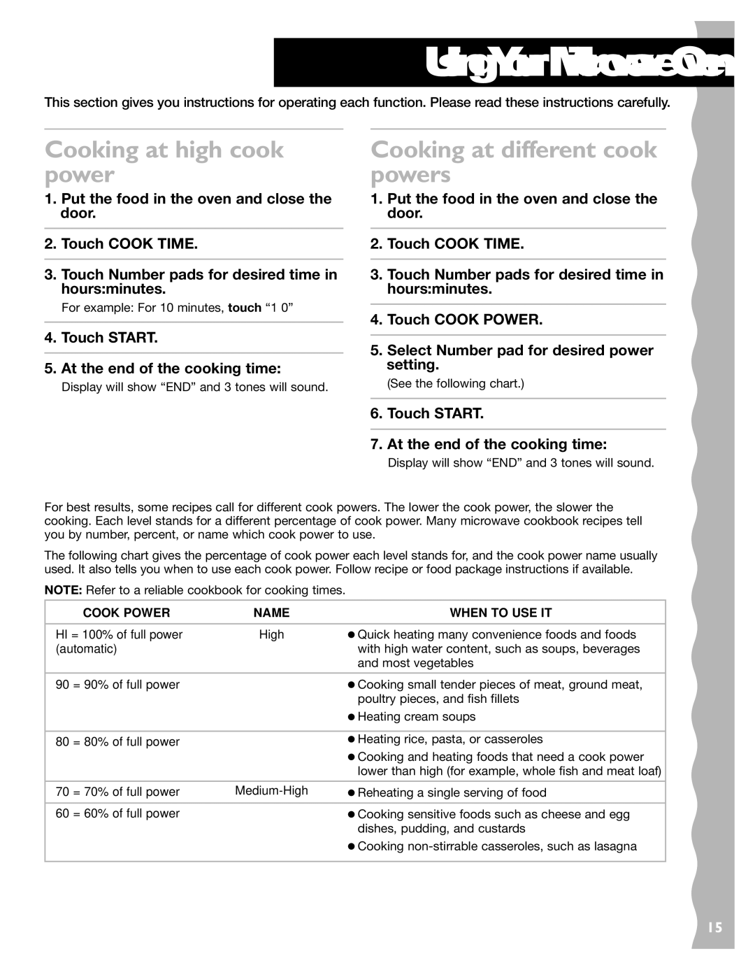 KitchenAid KCMC155JWH, KCMC155JSS Using Your Microwave Oven, Cooking at high cook power, Cooking at different cook powers 