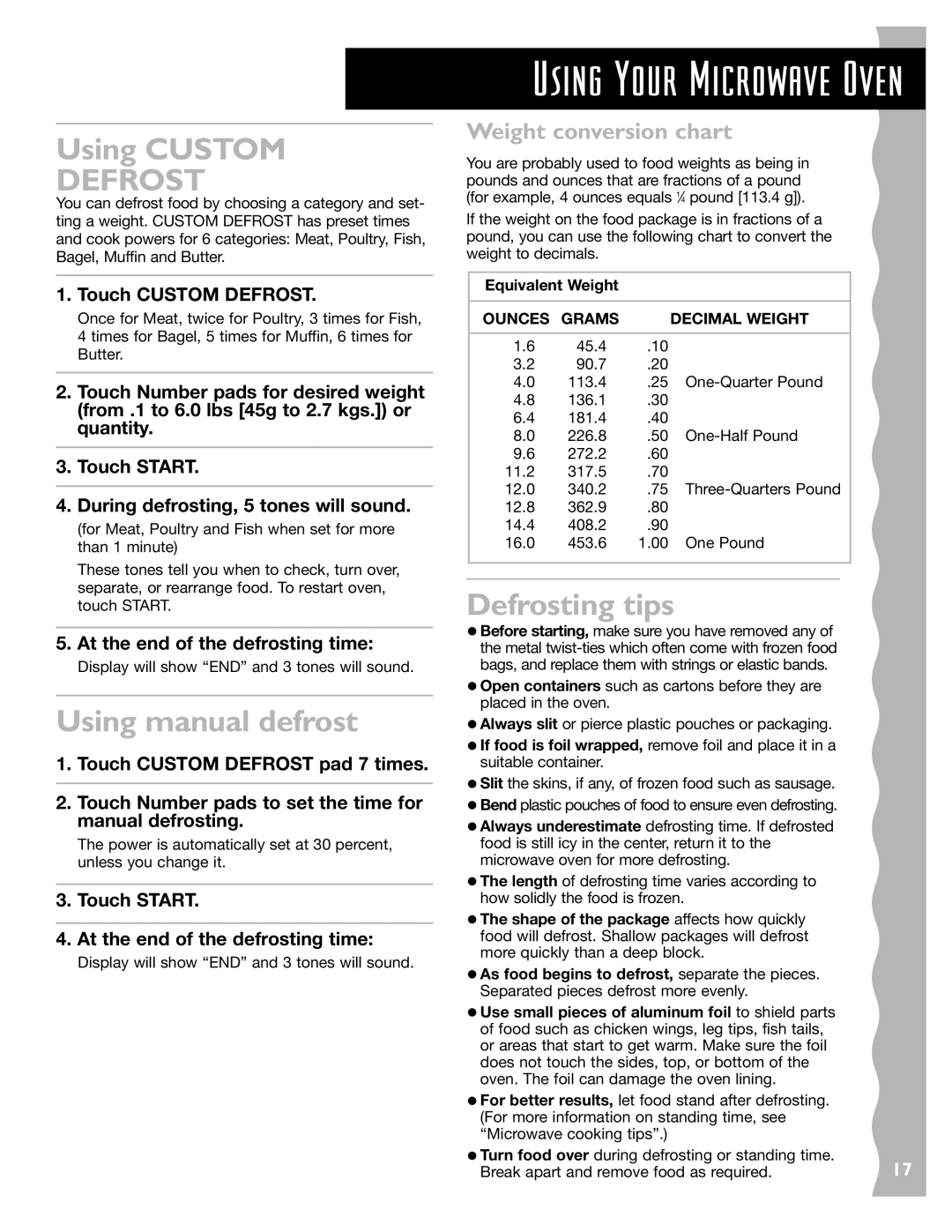 KitchenAid KCMC155JSS, KCMC155JBT, KCMC155JWH Using Custom, Using manual defrost, Defrosting tips, Weight conversion chart 