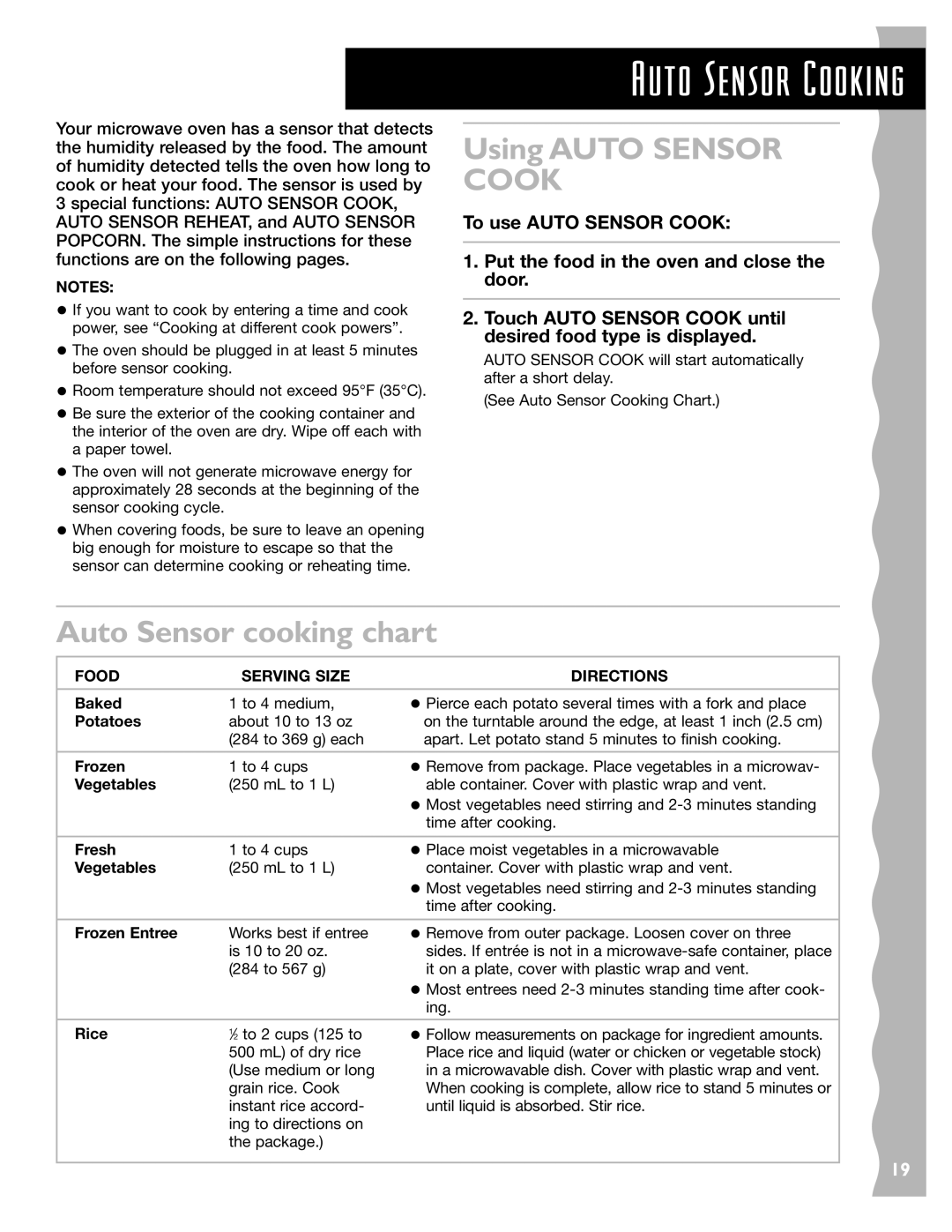 KitchenAid KCMC155JWH, KCMC155JSS, KCMC155JBT Using Auto Sensor, Auto Sensor cooking chart, Food Serving Size Directions 