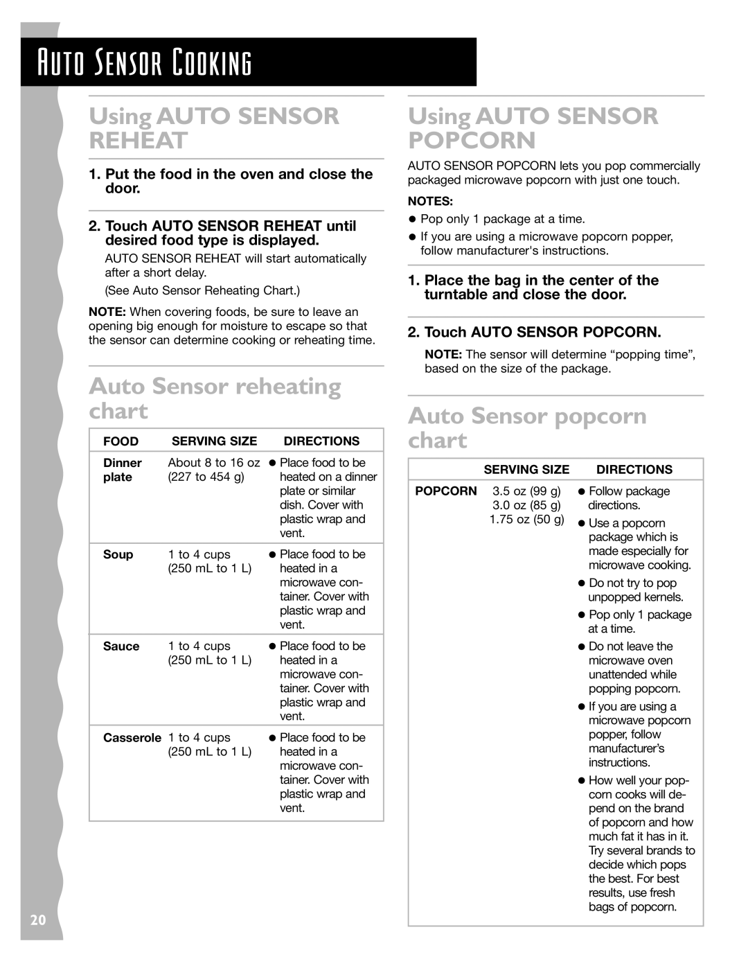 KitchenAid KCMC155JSS, KCMC155JBT Auto Sensor reheating chart, Using Auto Sensor Popcorn, Auto Sensor popcorn chart 