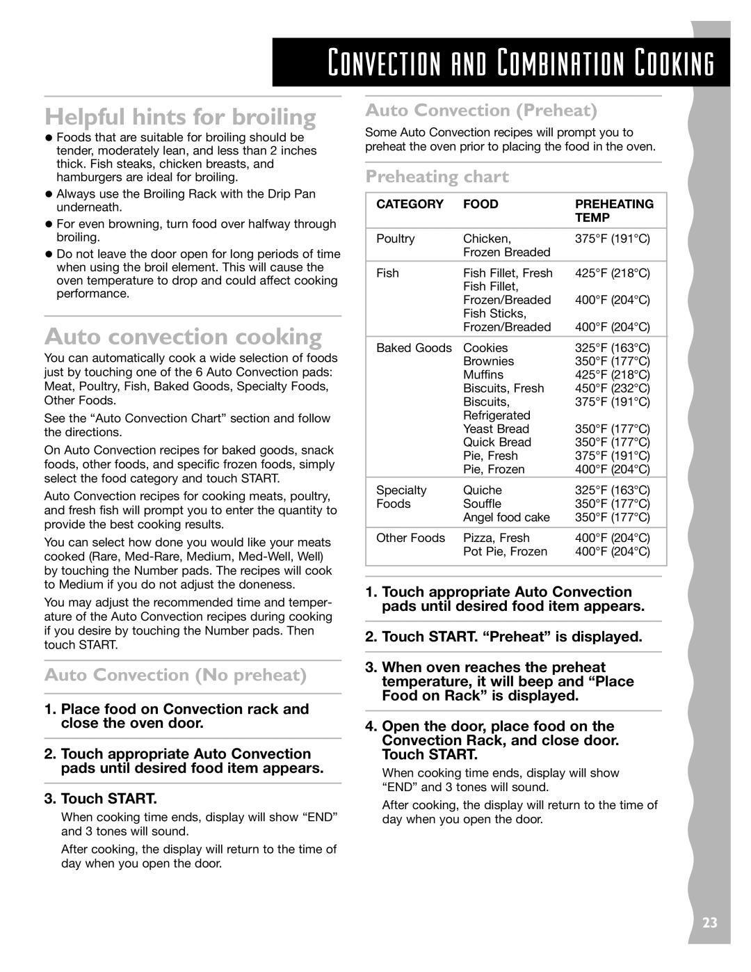 KitchenAid KCMC155JWH Helpful hints for broiling, Auto convection cooking, Auto Convection No preheat, Preheating chart 