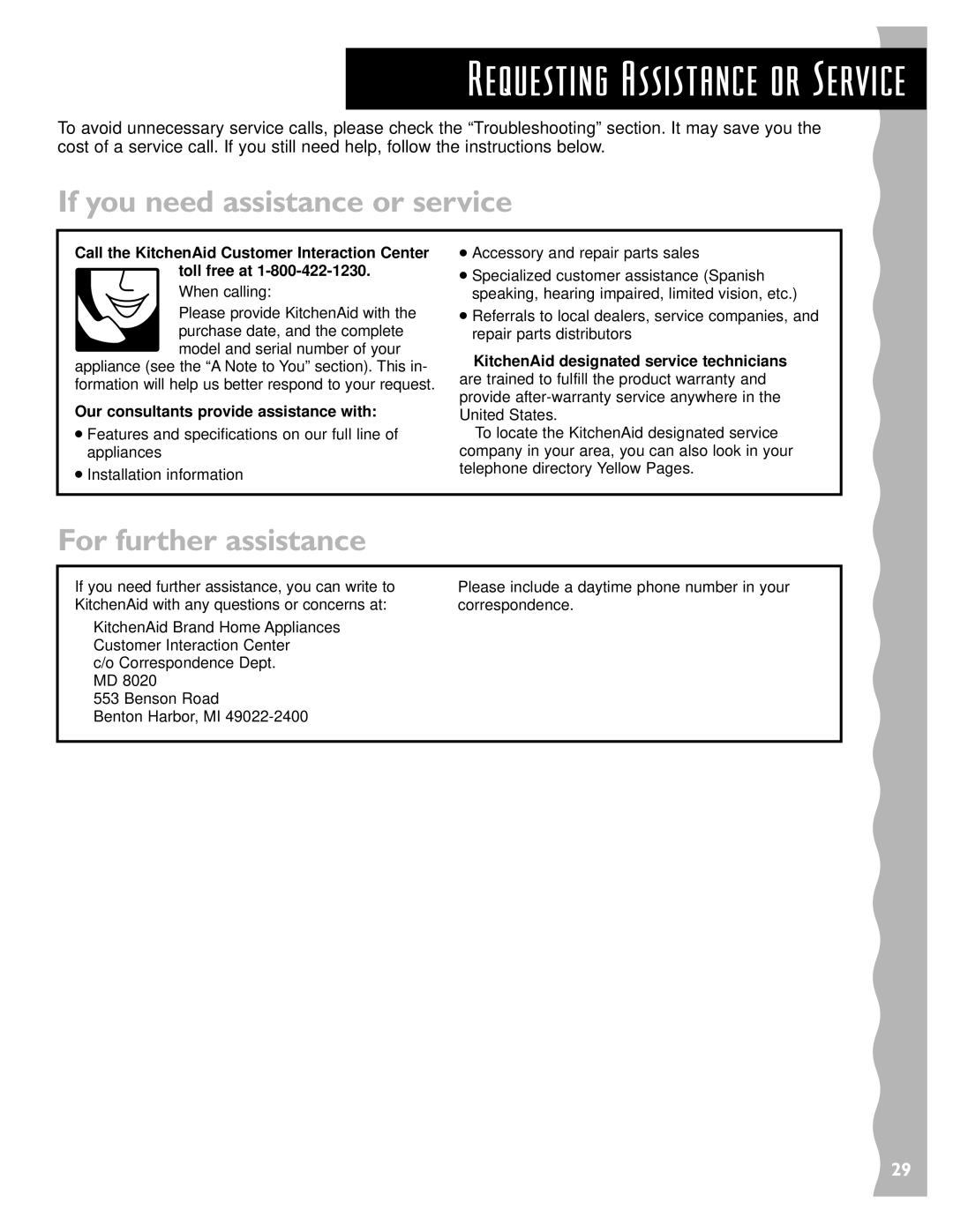 KitchenAid KCMC155JSS Requesting Assistance or Service, If you need assistance or service, For further assistance 